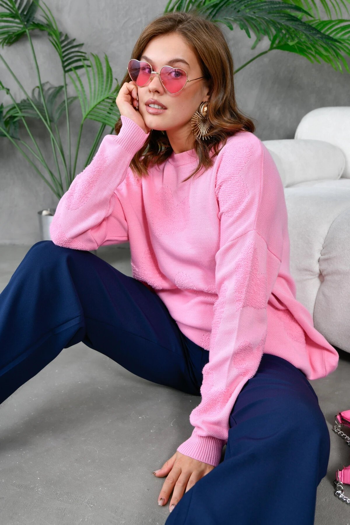 Kadın Kalp Desenli İnce Oversize Pembe Triko Kazak