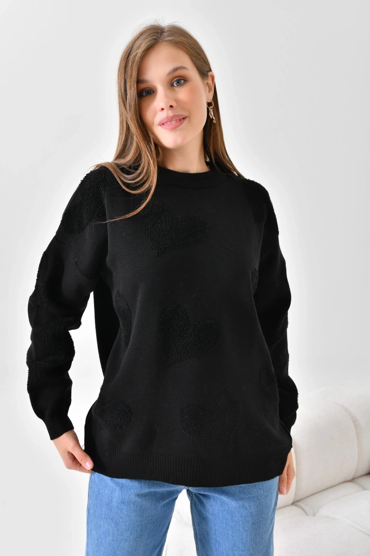 Kadın Kalp Desenli İnce Oversize Pembe Triko Kazak