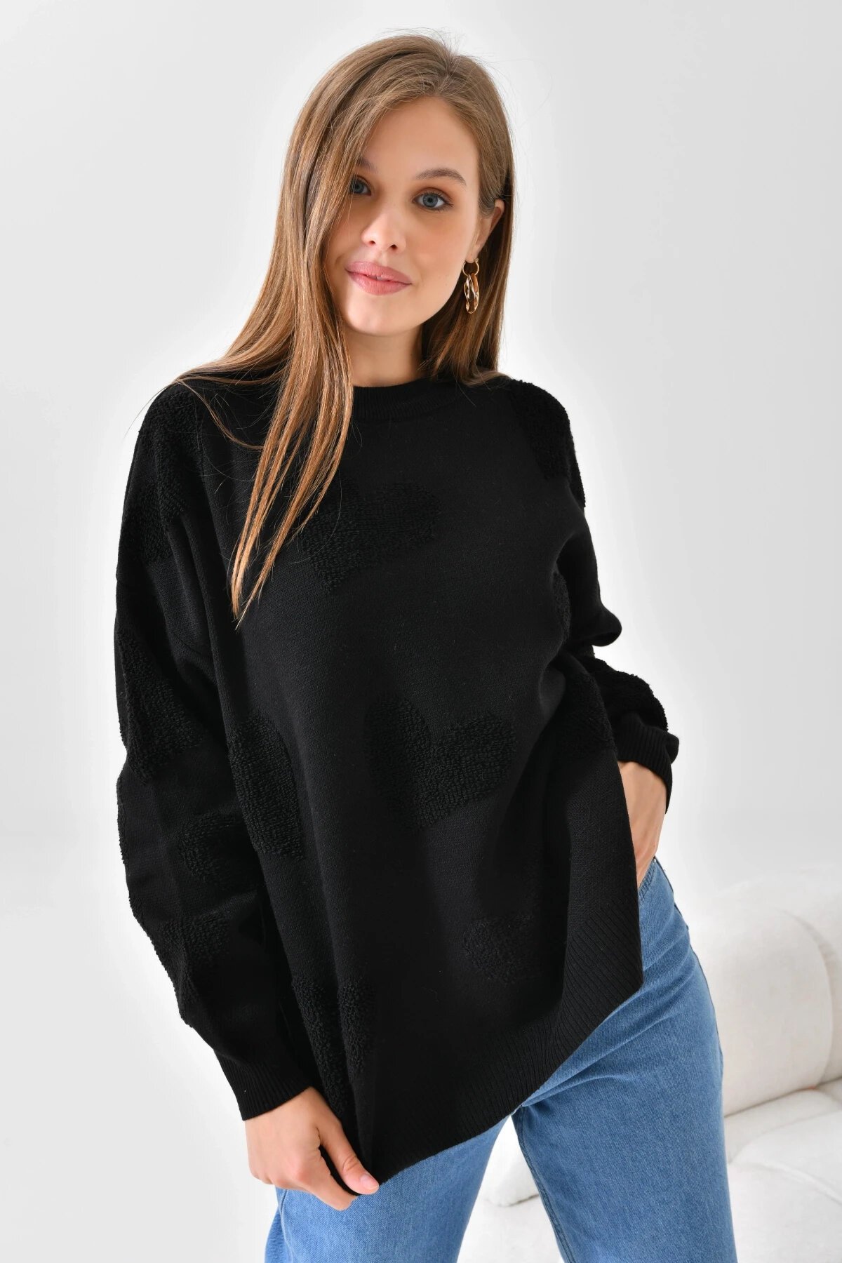 Kadın Kalp Desenli İnce Oversize Pembe Triko Kazak