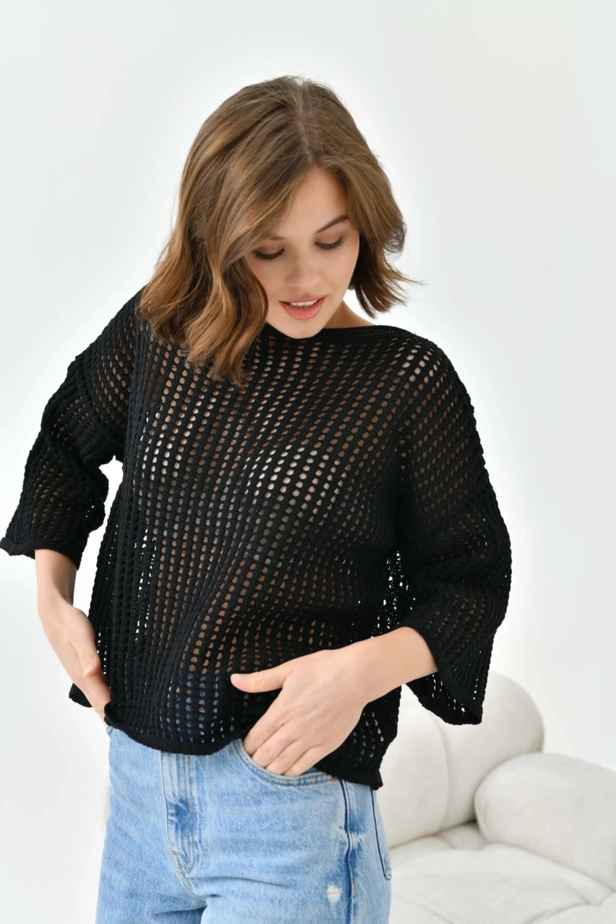 Kadın Kayık Yaka Örgü Detay Oversize Triko Kazak