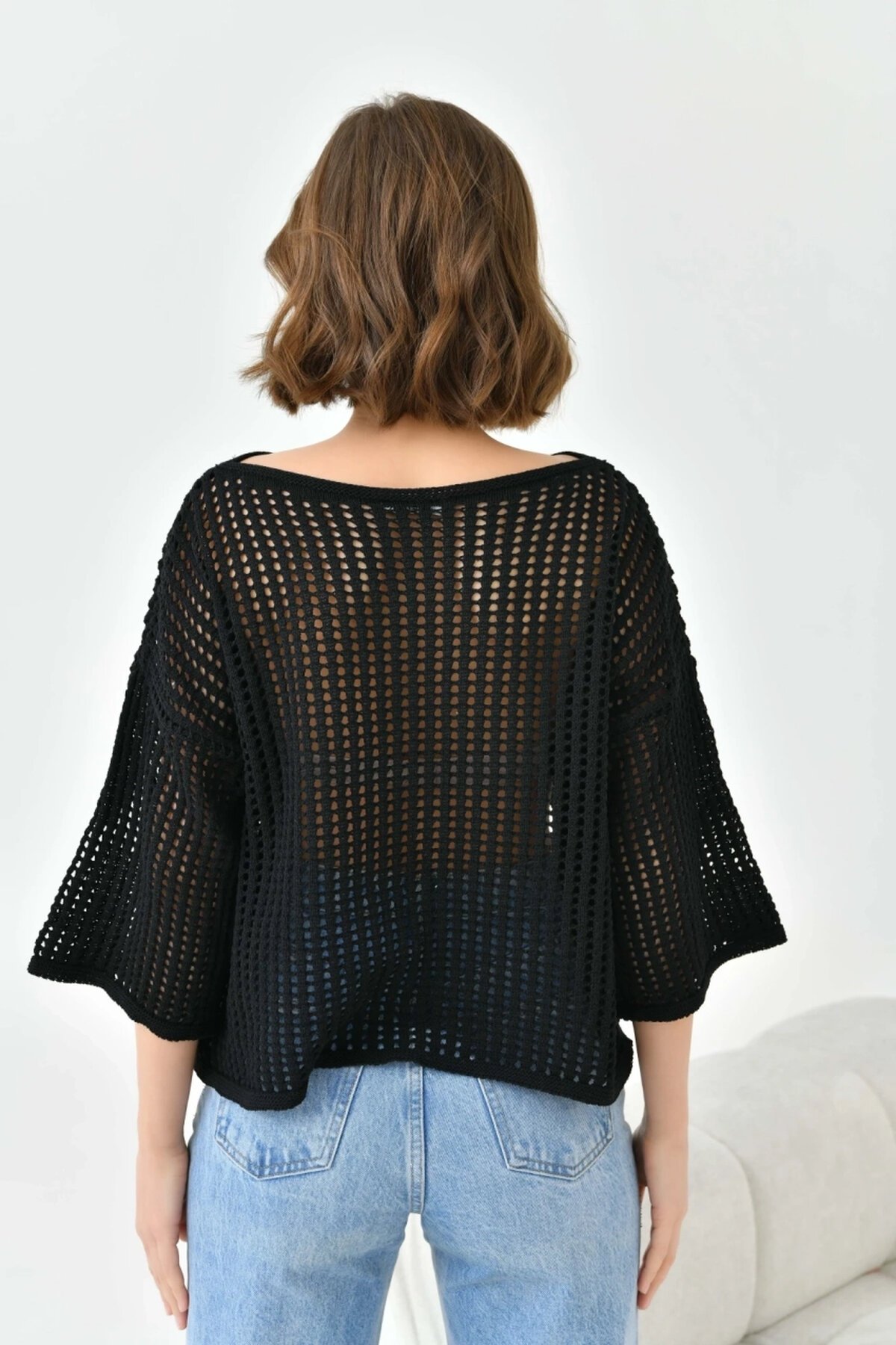 Kadın Kayık Yaka Örgü Detay Oversize Triko Kazak