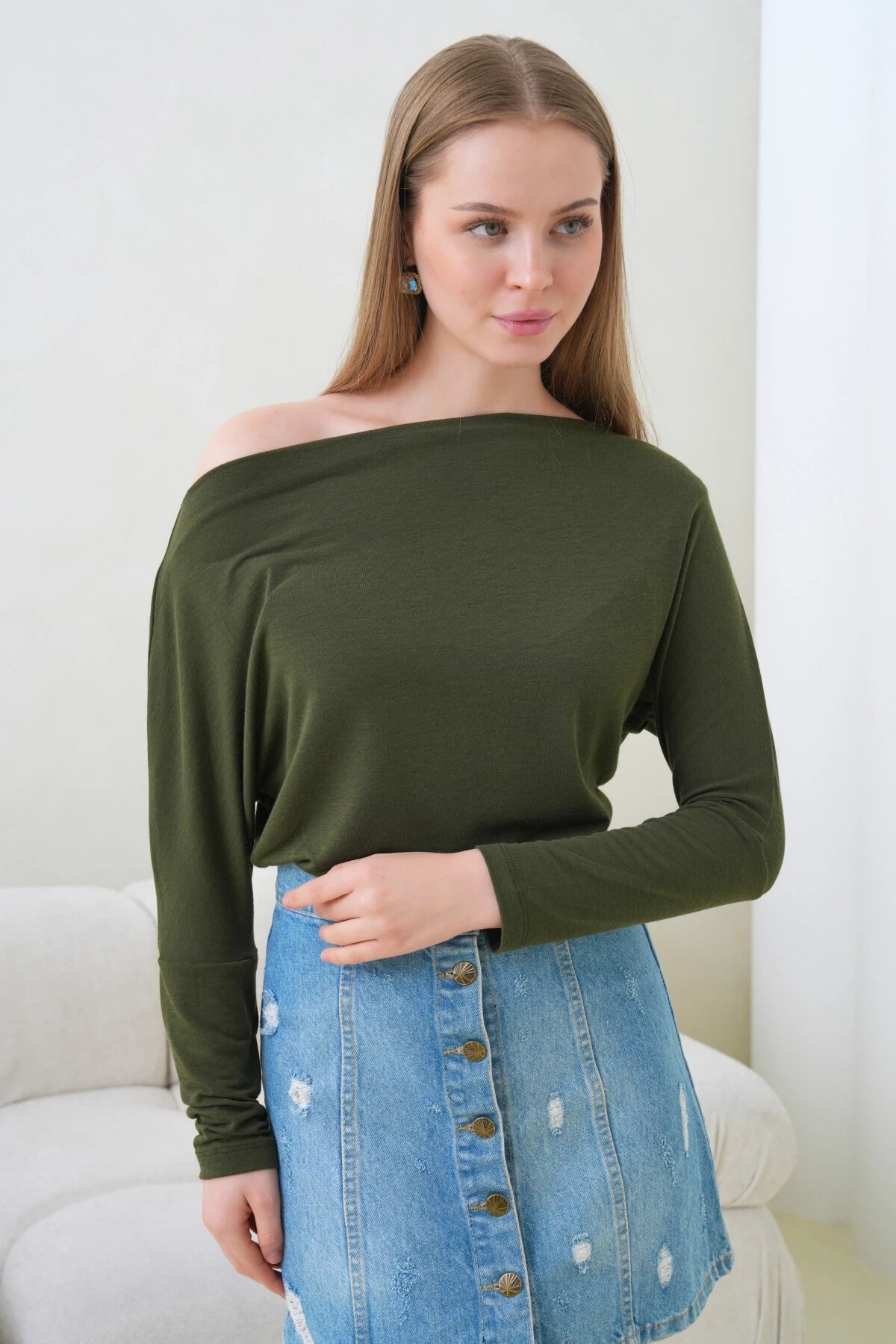 Kadın Kayık Yaka Yarasa Kol Lycralı Penye Bluz