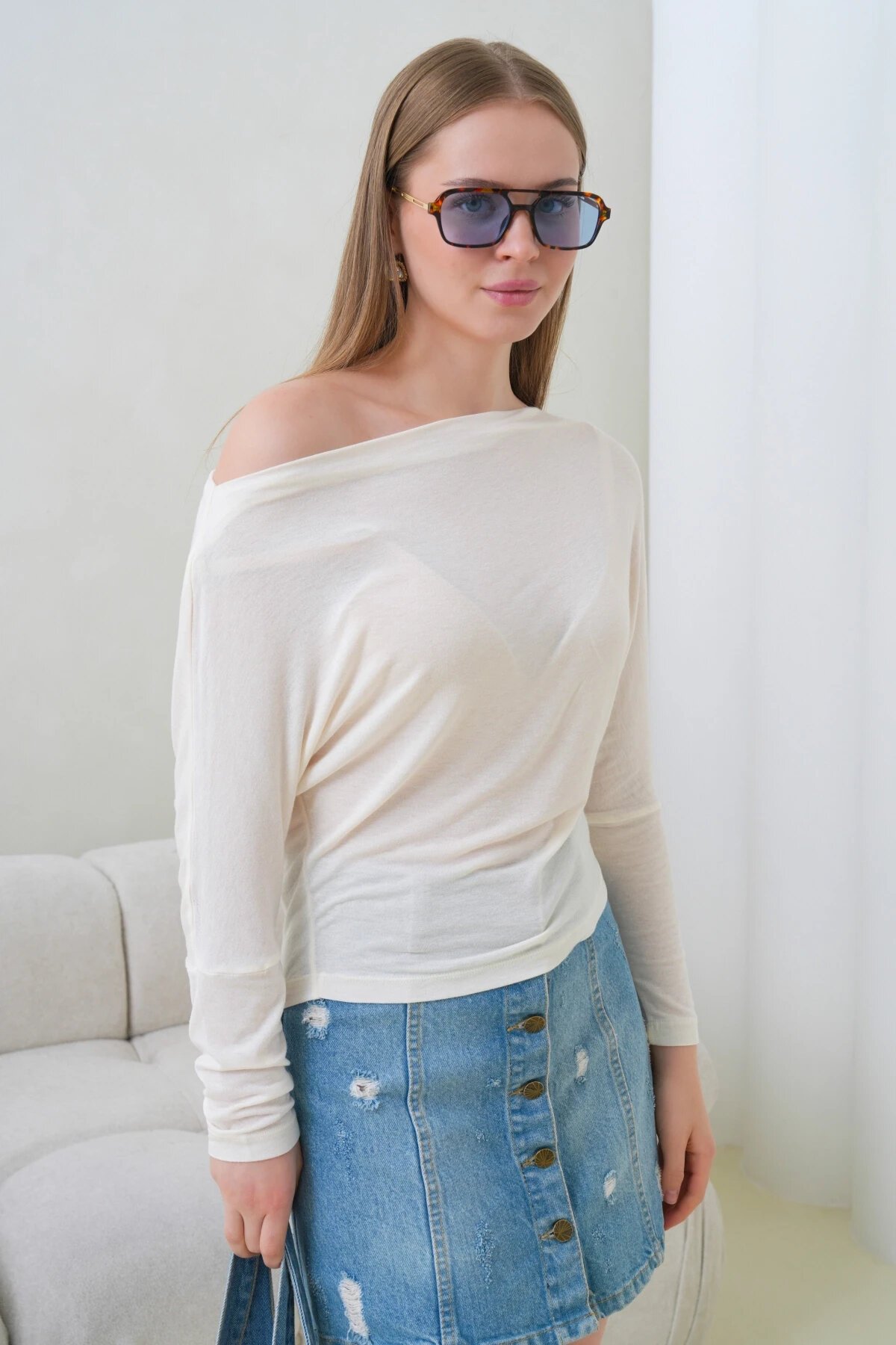 Kadın Kayık Yaka Yarasa Kol Lycralı Penye Bluz