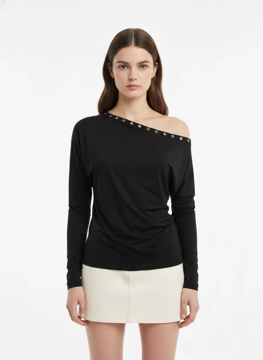 Kadın Kayık Yaka Yarasa Kol Yakası Troklu Lycralı Penye Bluz