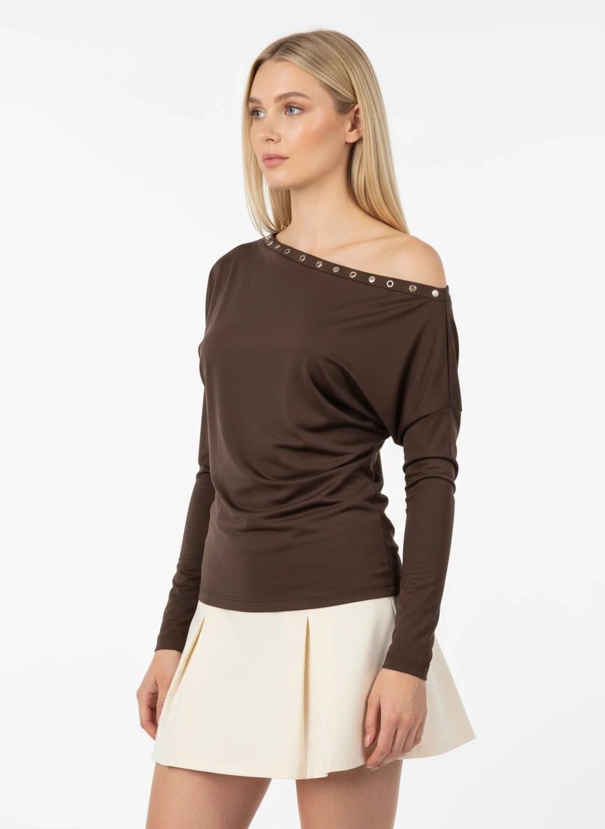 Kadın Kayık Yaka Yarasa Kol Yakası Troklu Lycralı Penye Bluz