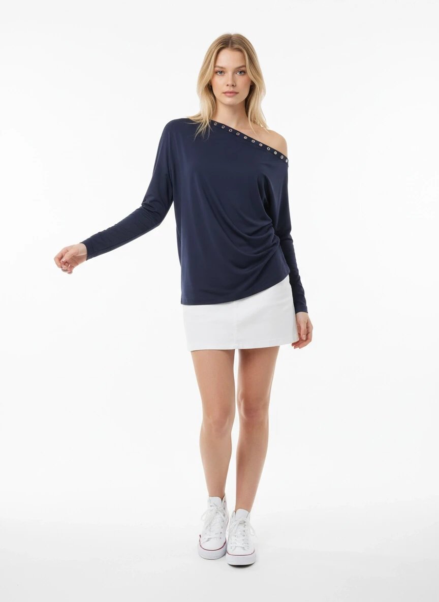 Kadın Kayık Yaka Yarasa Kol Yakası Troklu Lycralı Penye Bluz