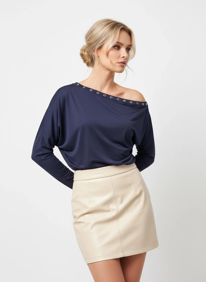 Kadın Kayık Yaka Yarasa Kol Yakası Troklu Lycralı Penye Bluz