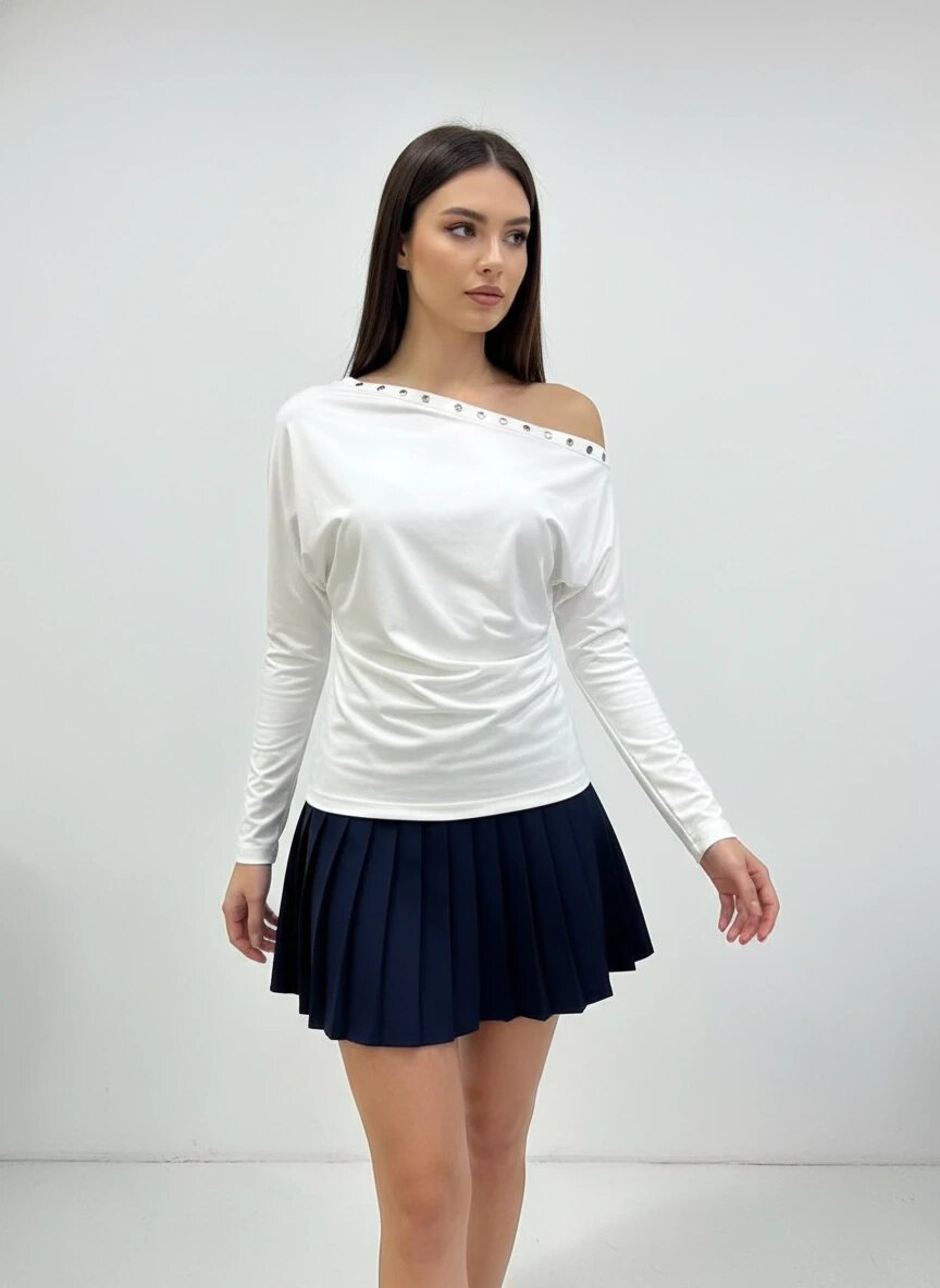 Kadın Kayık Yaka Yarasa Kol Yakası Troklu Lycralı Penye Bluz