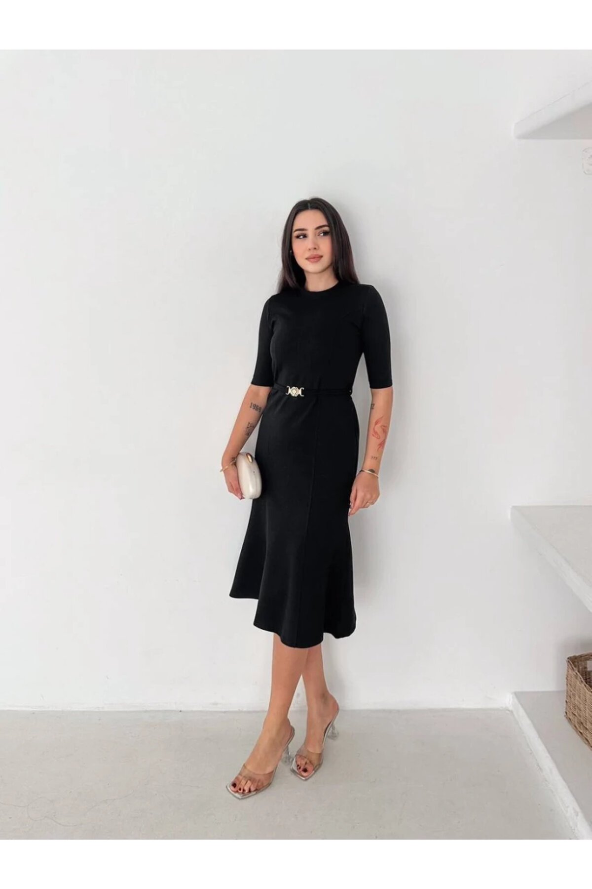Kadın Kemerli Kalem Elbise