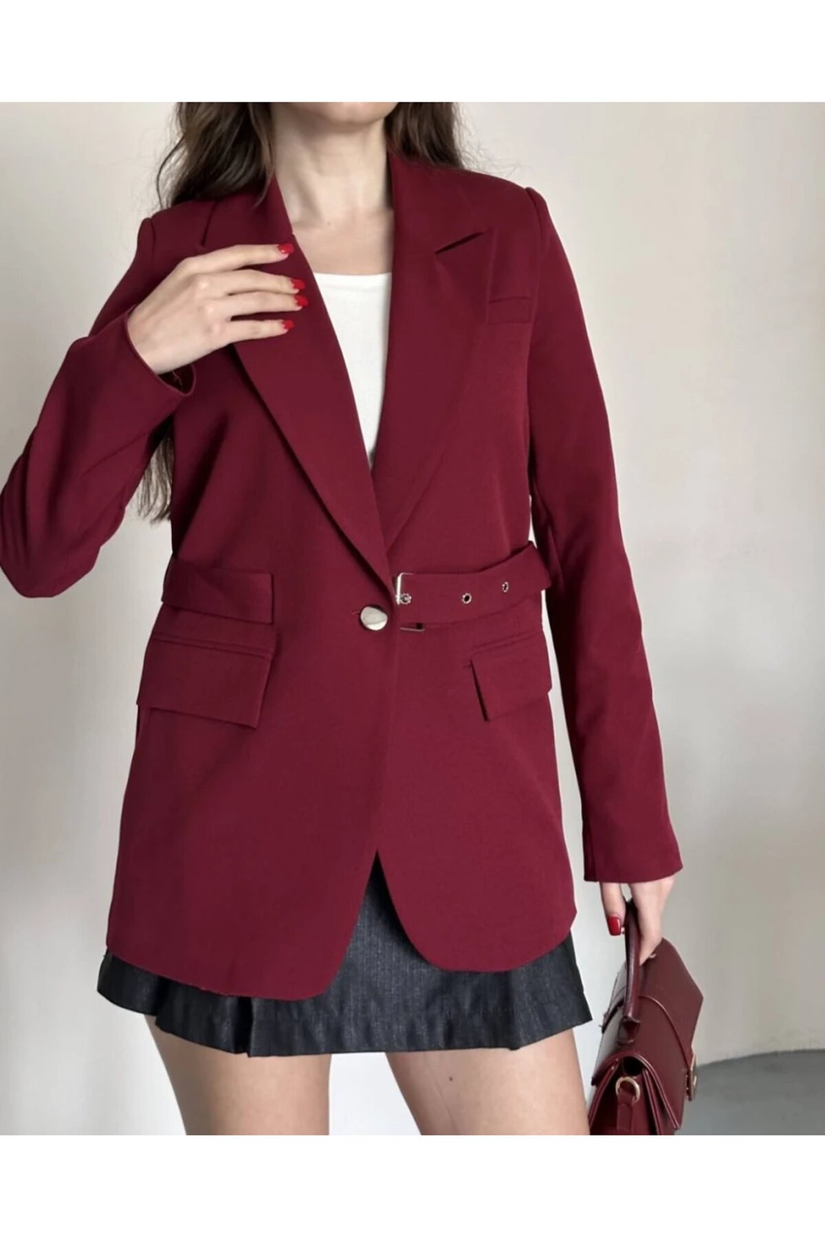 Kadın Kemerli Toka Detay Premium Blazer Ceket Bordo