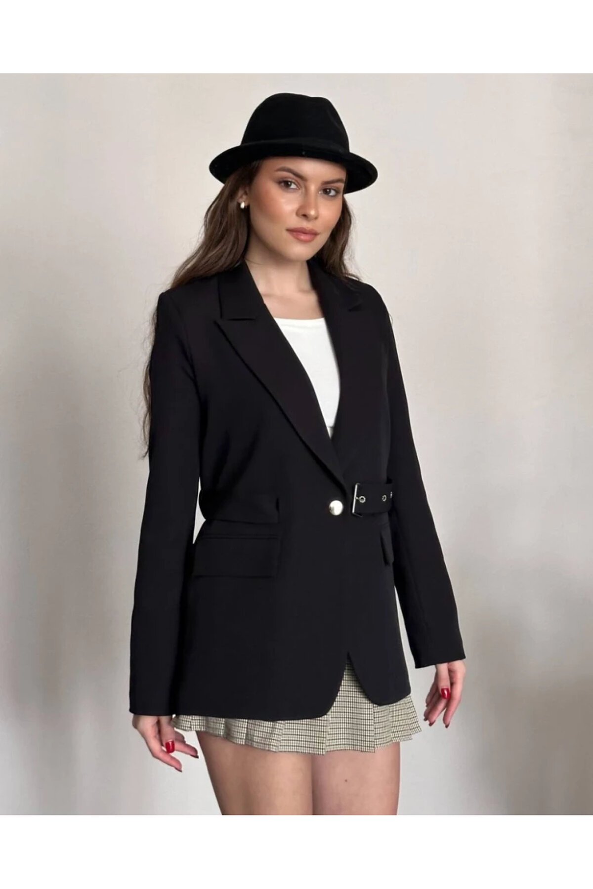 Kadın Kemerli Toka Detay Premium Blazer Ceket Siyah