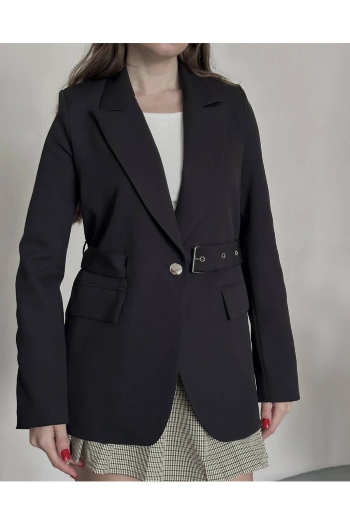 Kadın Kemerli Toka Detay Premium Blazer Ceket Siyah