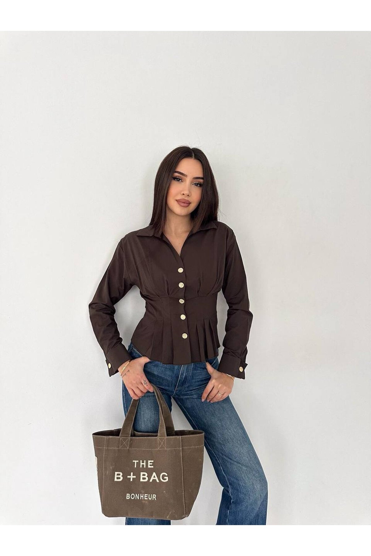 Kadın Korse Detaylı Gold Düğmeli Kahve Gömlek