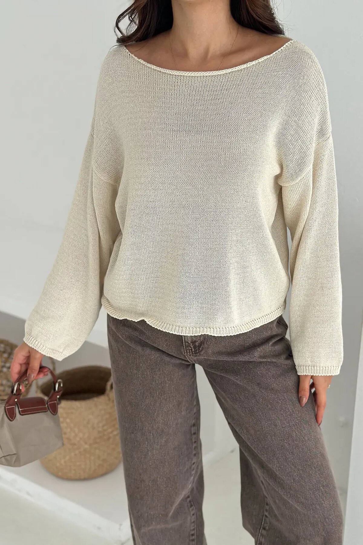 Kadın Omuz Açık Salaş Triko Kazak – Soft Elegance