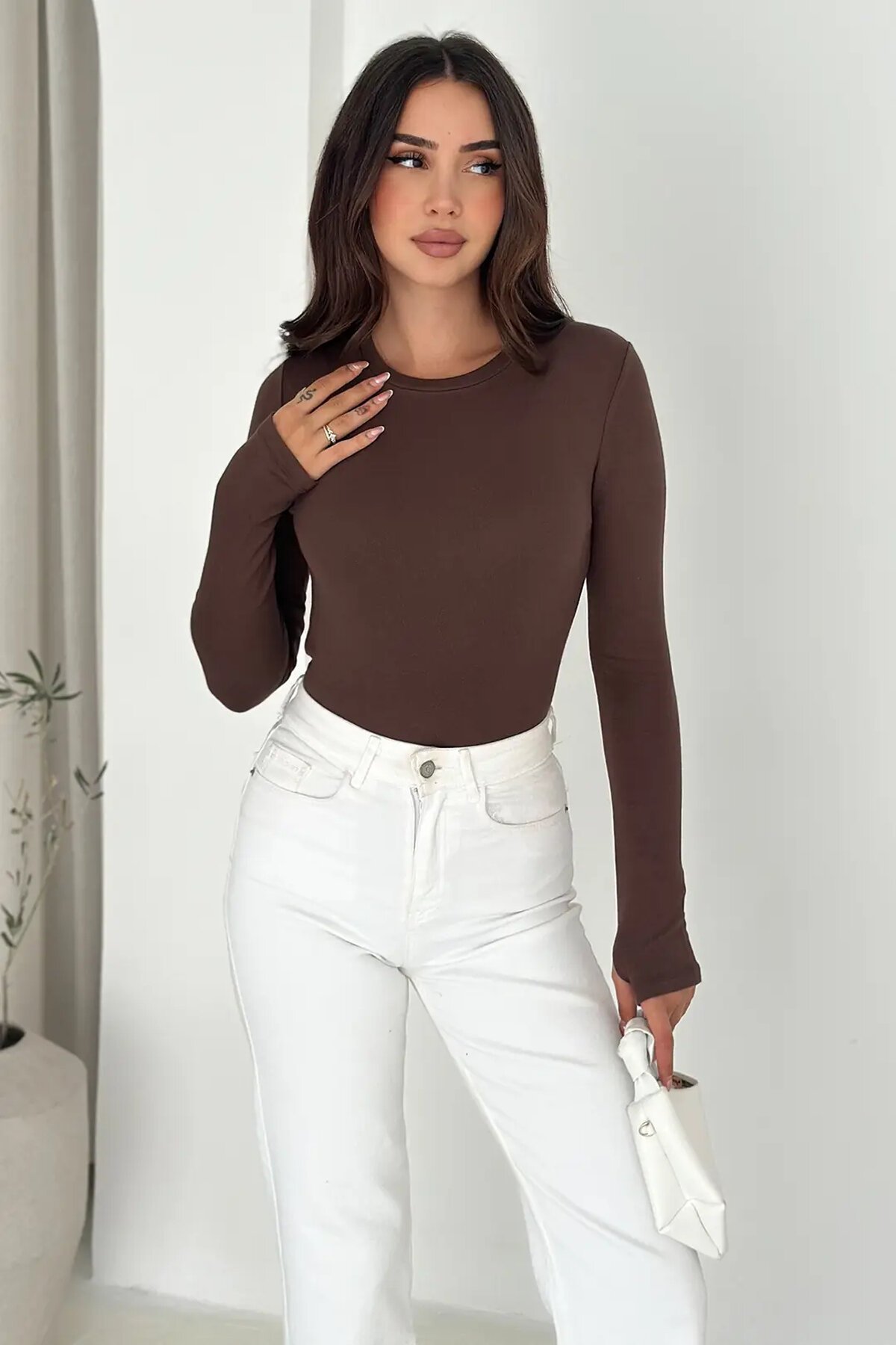 Kadın Parmak Geçmeli Uzun Kollu Bluz – Vücuda Oturan & Astarsız