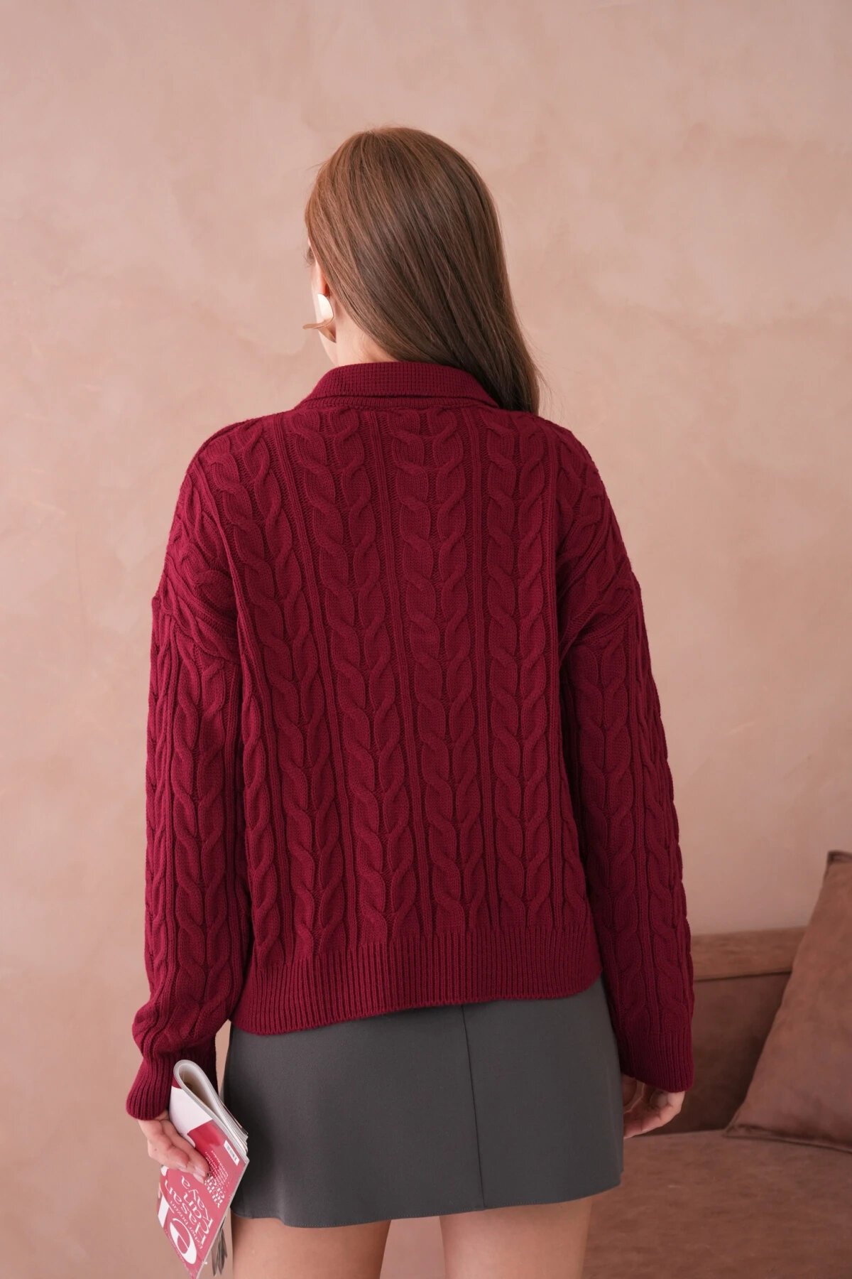 Kadın Polo Düğme Detay Saç Örgü Triko Kazak