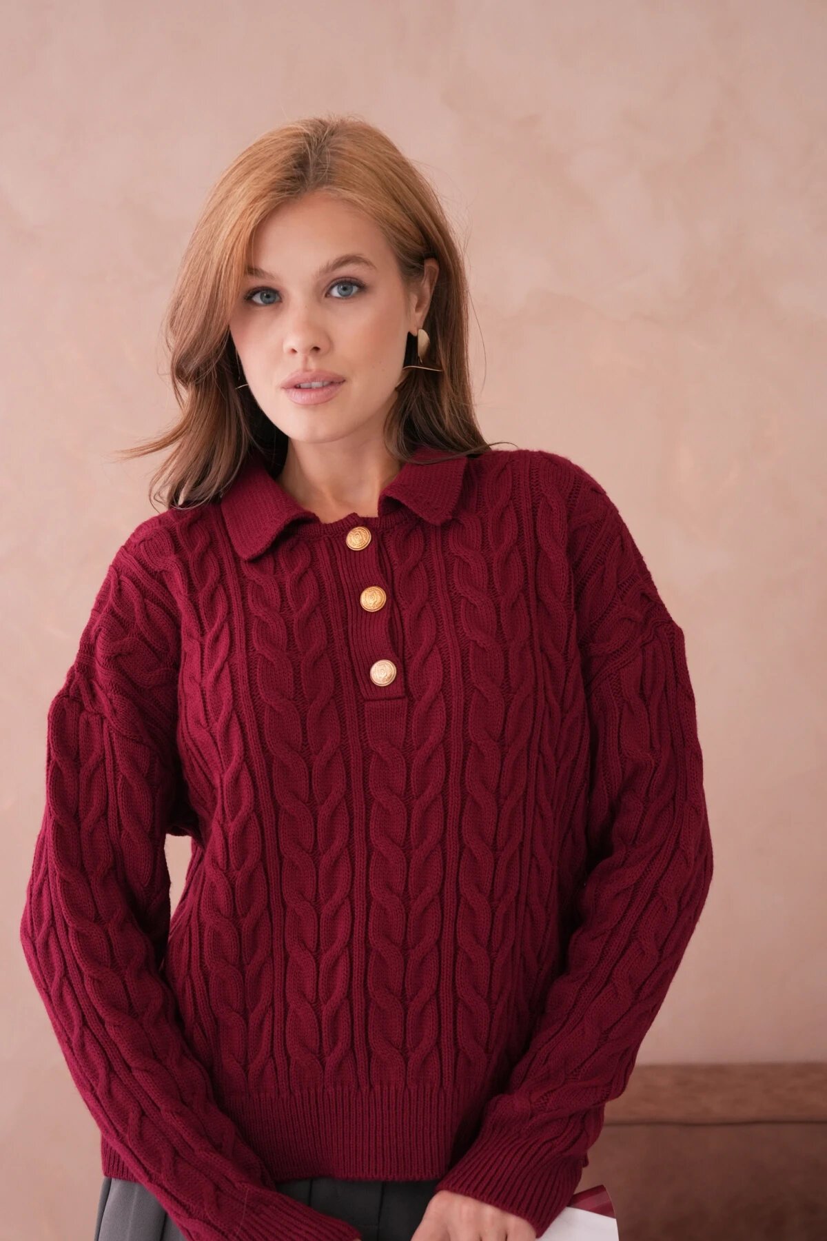 Kadın Polo Düğme Detay Saç Örgü Triko Kazak