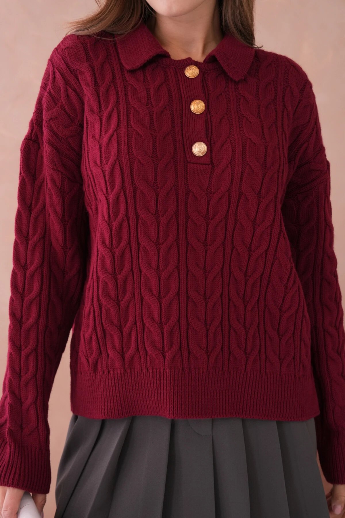 Kadın Polo Düğme Detay Saç Örgü Triko Kazak