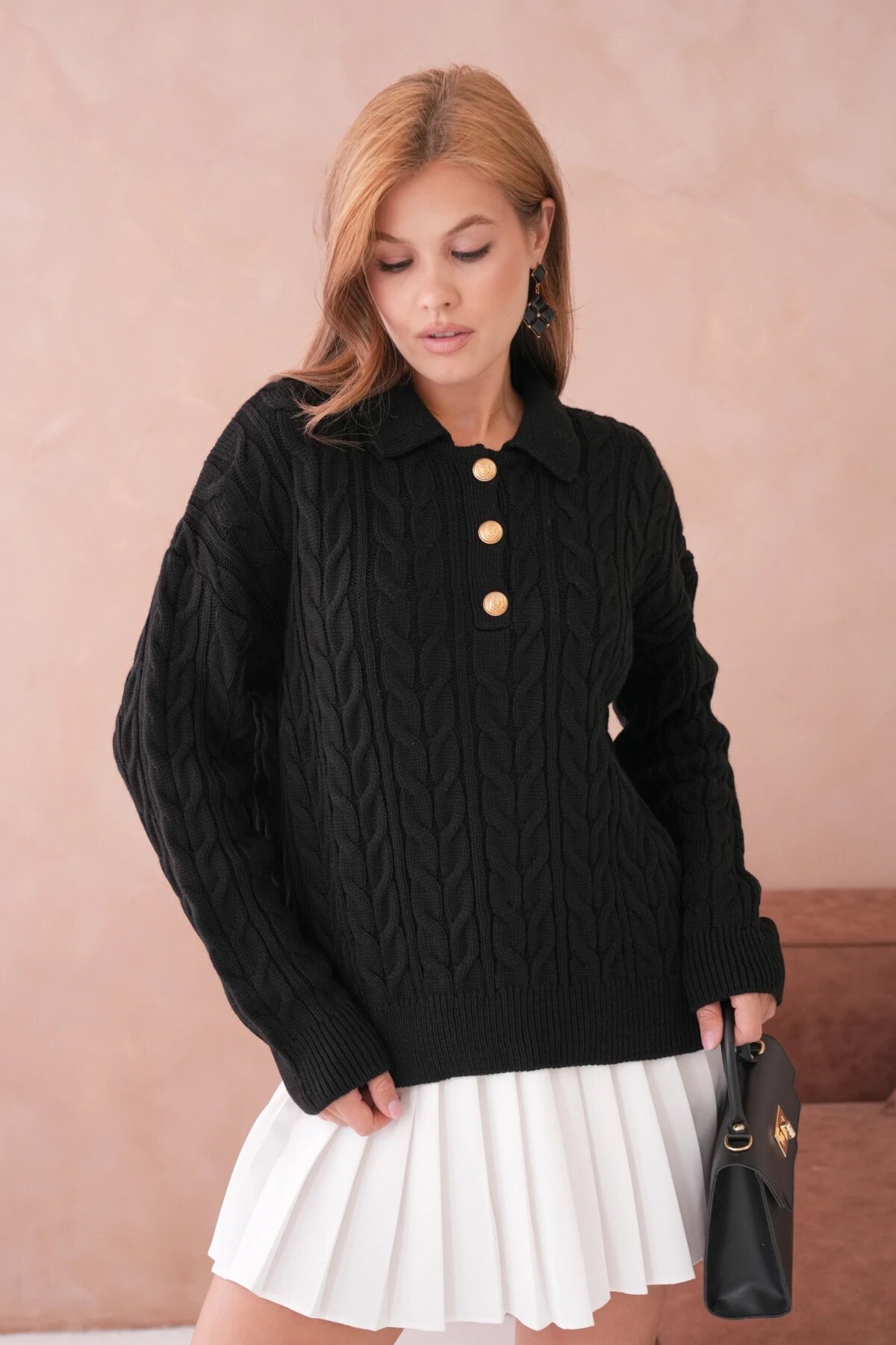 Kadın Polo Düğme Detay Saç Örgü Triko Kazak