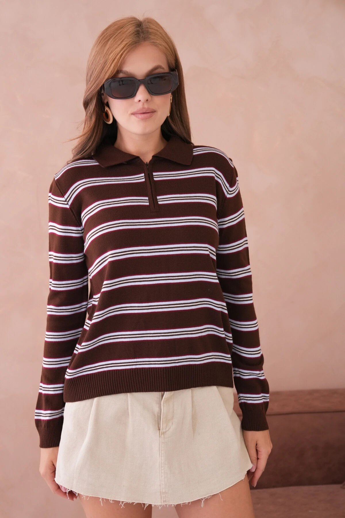 Kadın Polo Yaka Çizgi Detay Oversize Triko Kazak