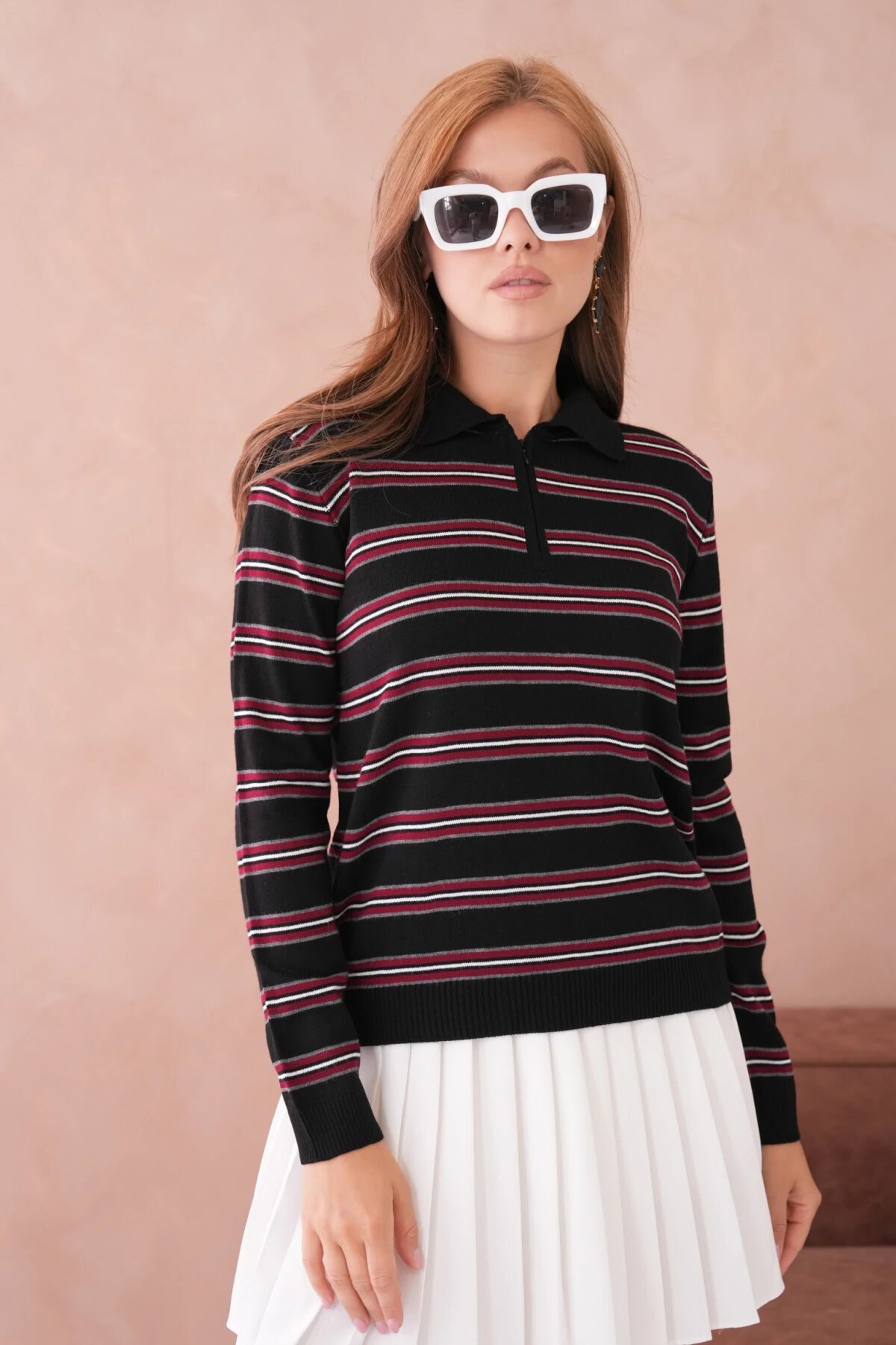 Kadın Polo Yaka Çizgi Detay Oversize Triko Kazak