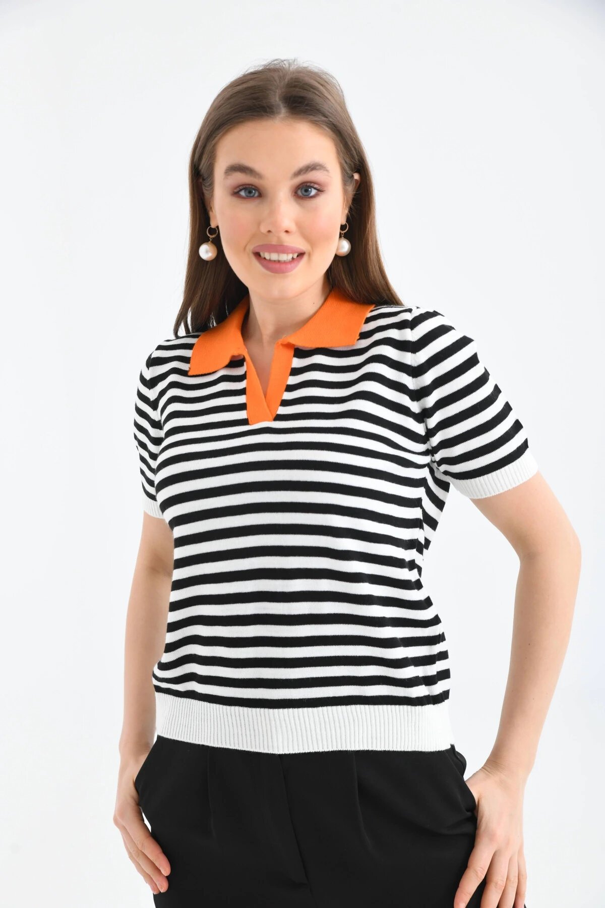 Kadın Polo Yaka Çizgili Triko Kazak