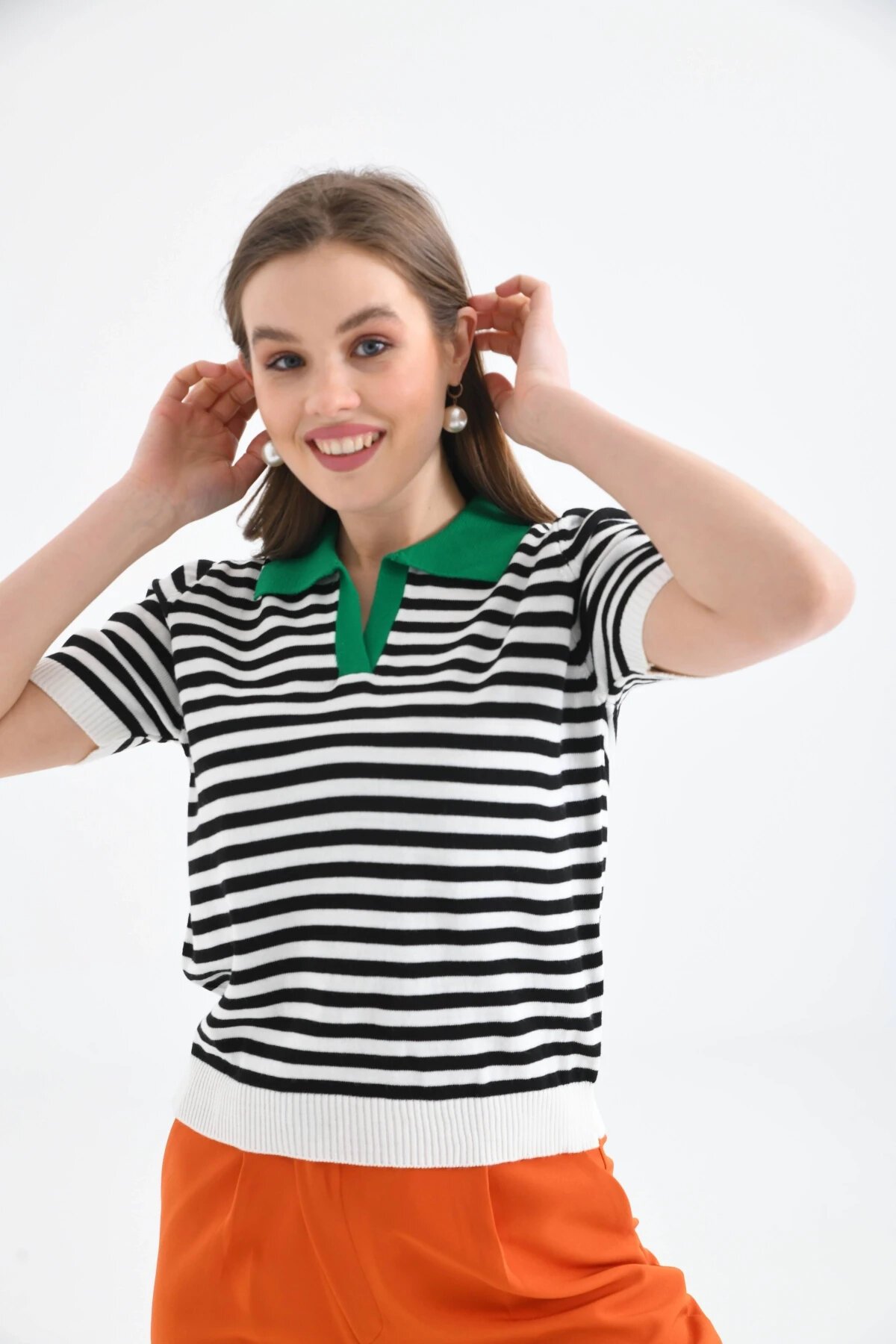 Kadın Polo Yaka Çizgili Triko Kazak