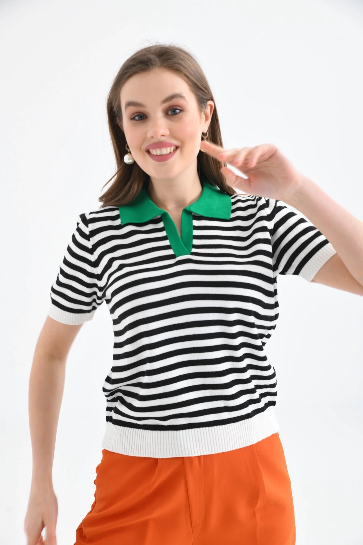 Kadın Polo Yaka Çizgili Triko Kazak