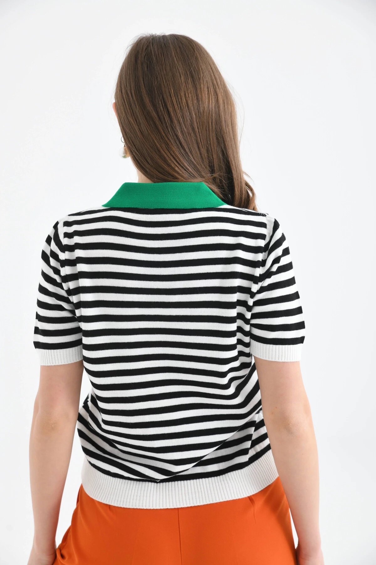 Kadın Polo Yaka Çizgili Triko Kazak