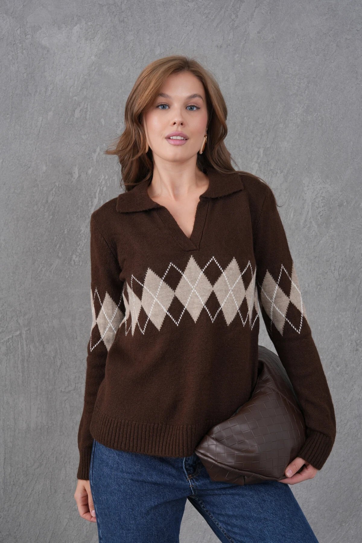 Kadın Polo Yaka Desenli Yarım Pat Triko Kazak