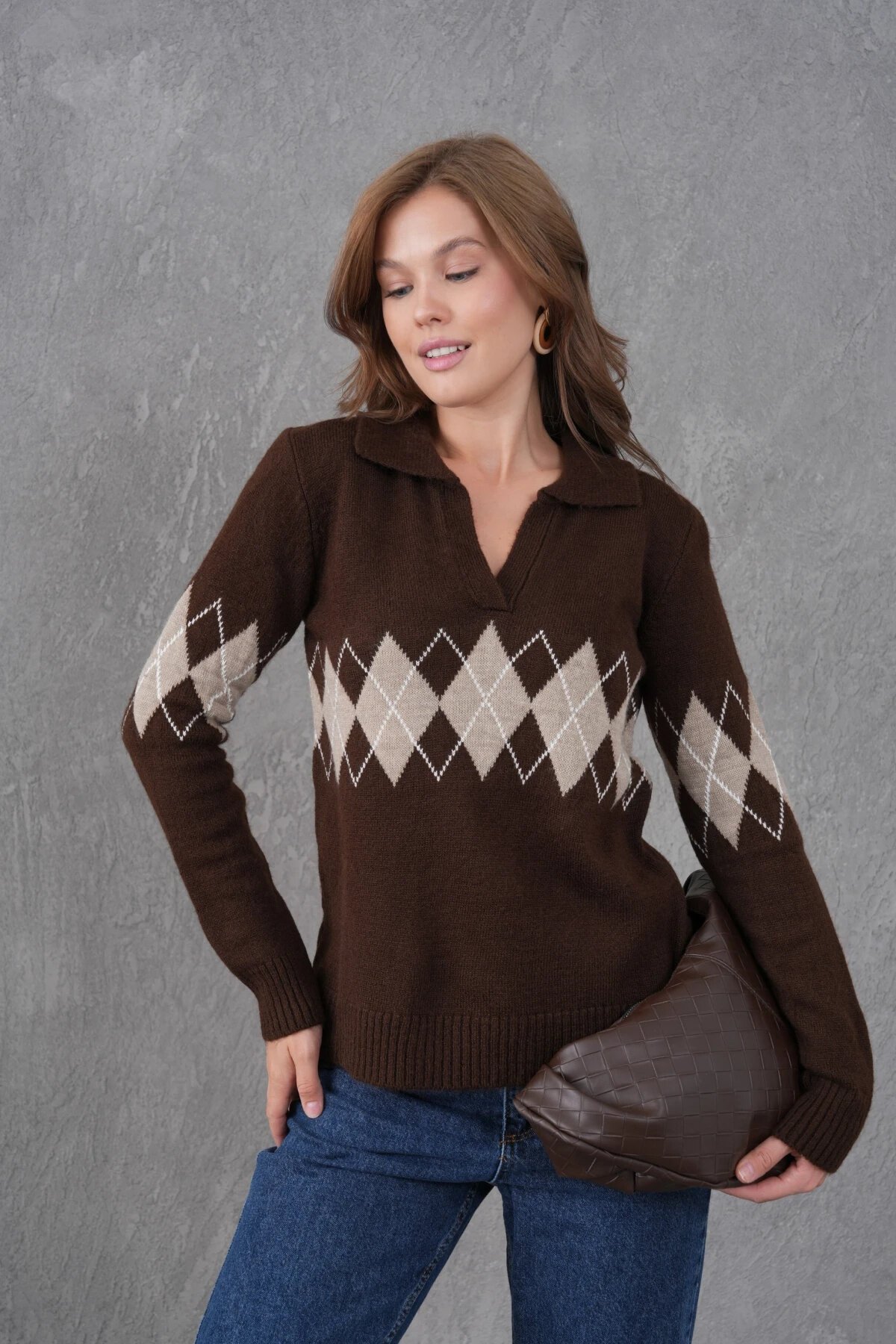 Kadın Polo Yaka Desenli Yarım Pat Triko Kazak