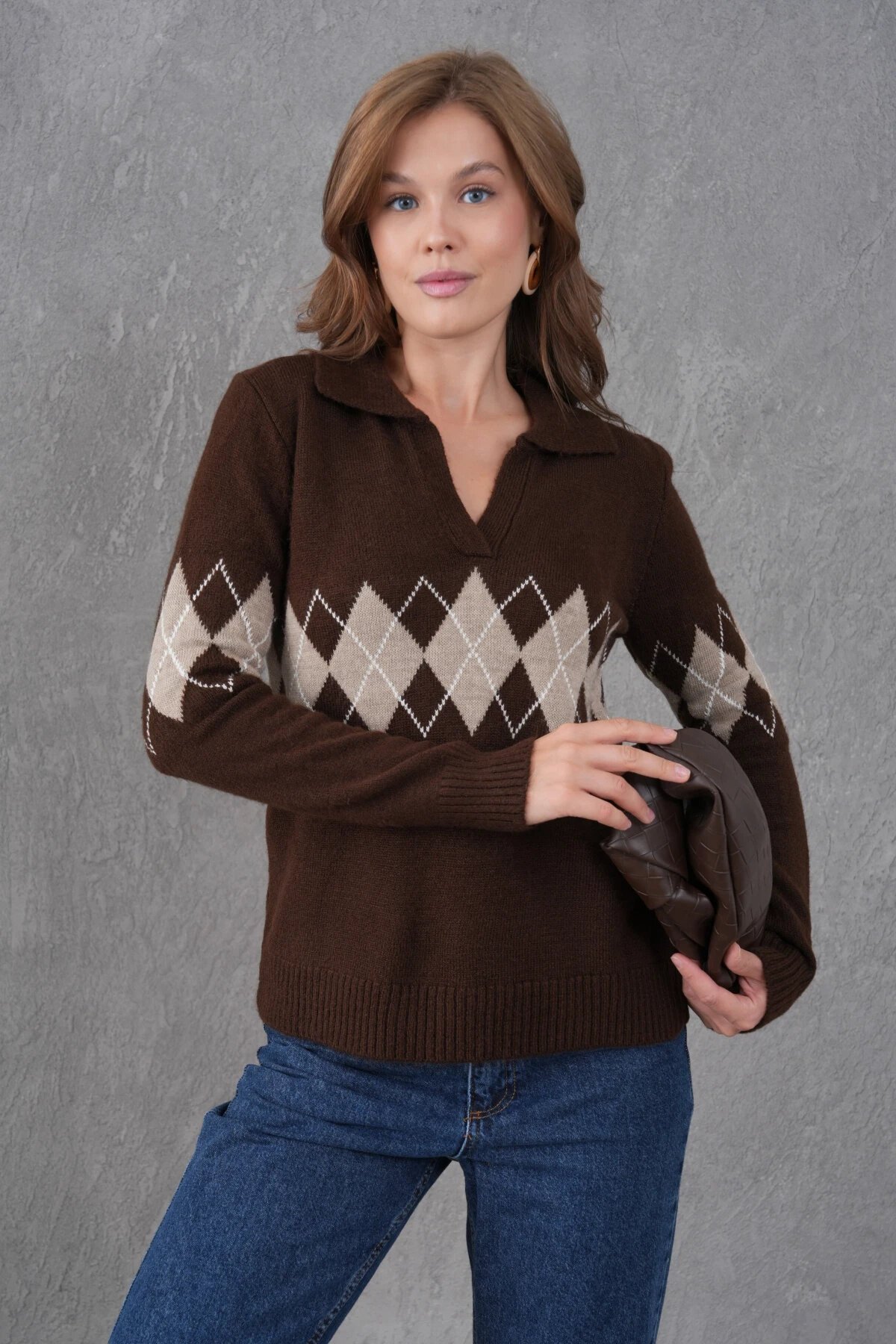 Kadın Polo Yaka Desenli Yarım Pat Triko Kazak