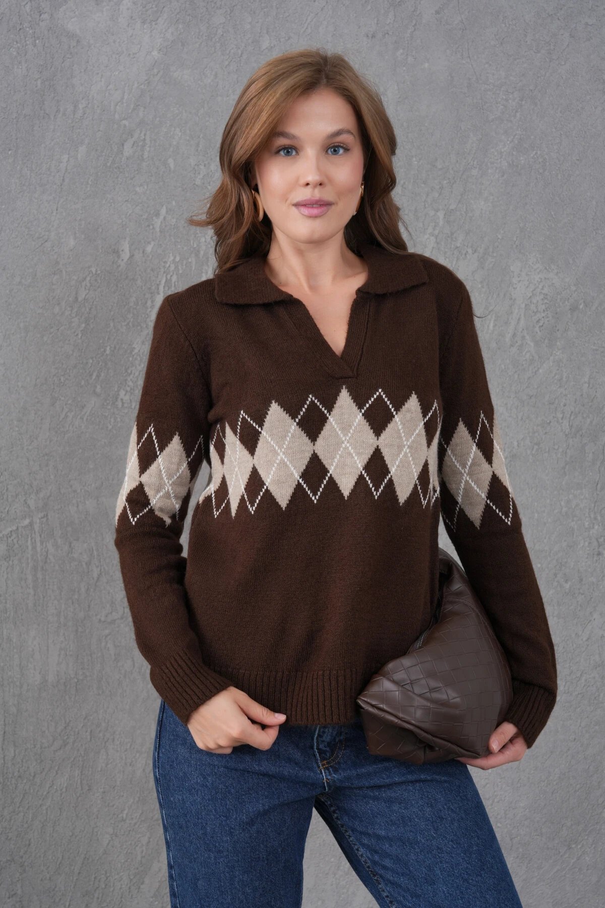 Kadın Polo Yaka Desenli Yarım Pat Triko Kazak