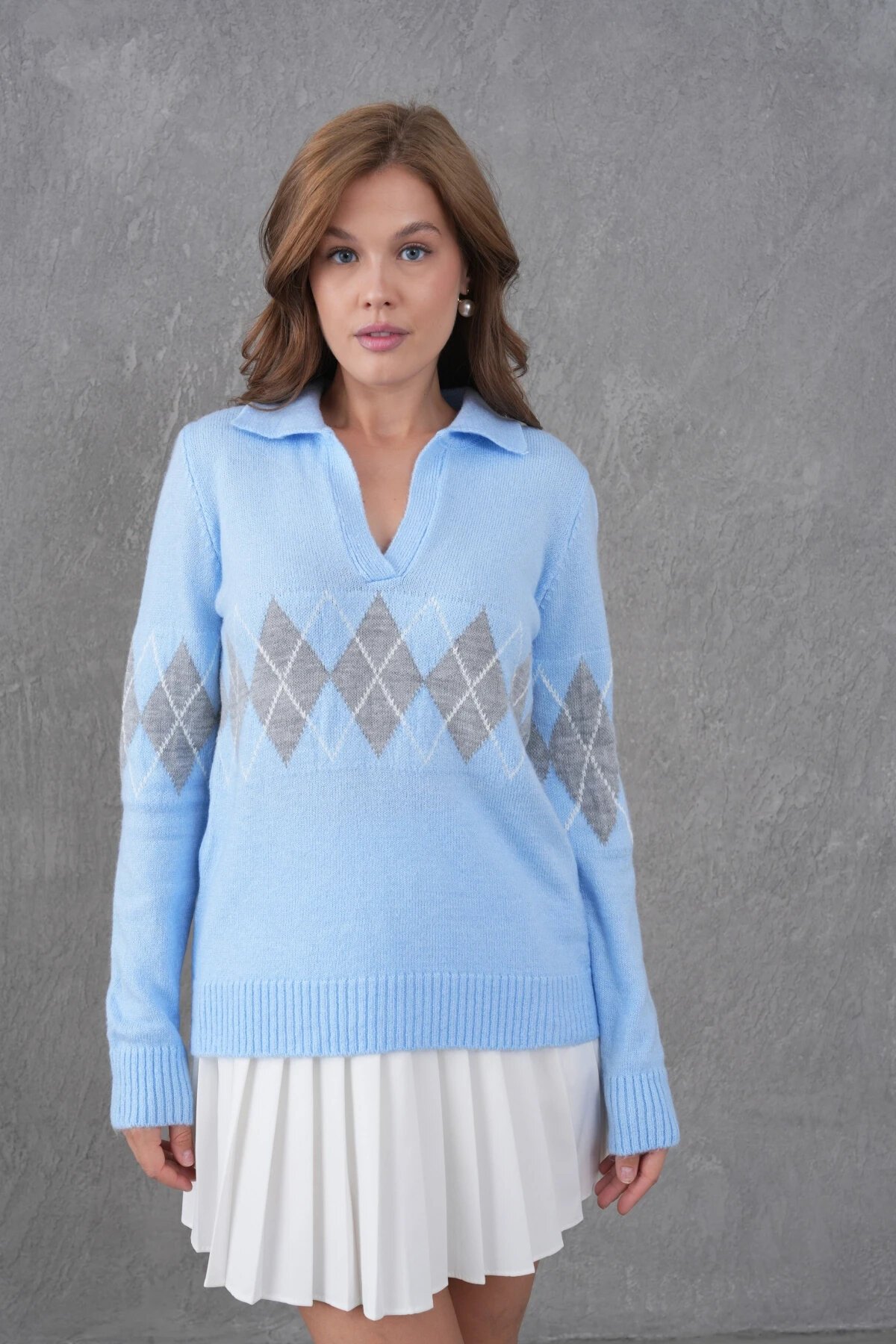 Kadın Polo Yaka Desenli Yarım Pat Triko Kazak