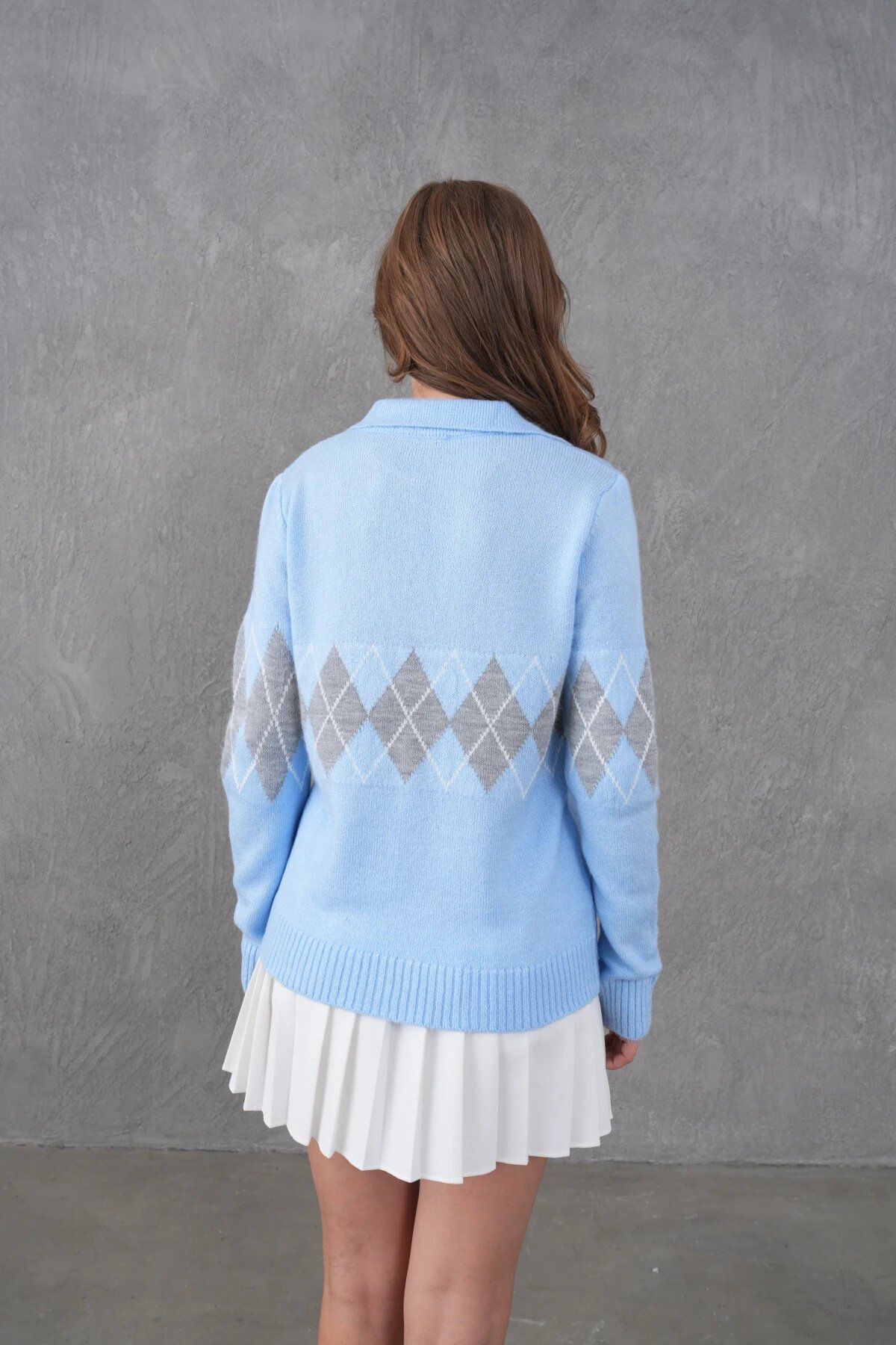 Kadın Polo Yaka Desenli Yarım Pat Triko Kazak