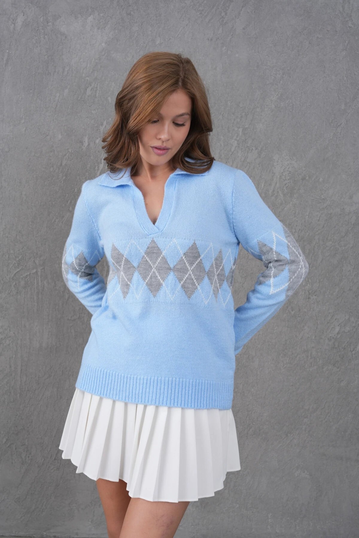 Kadın Polo Yaka Desenli Yarım Pat Triko Kazak