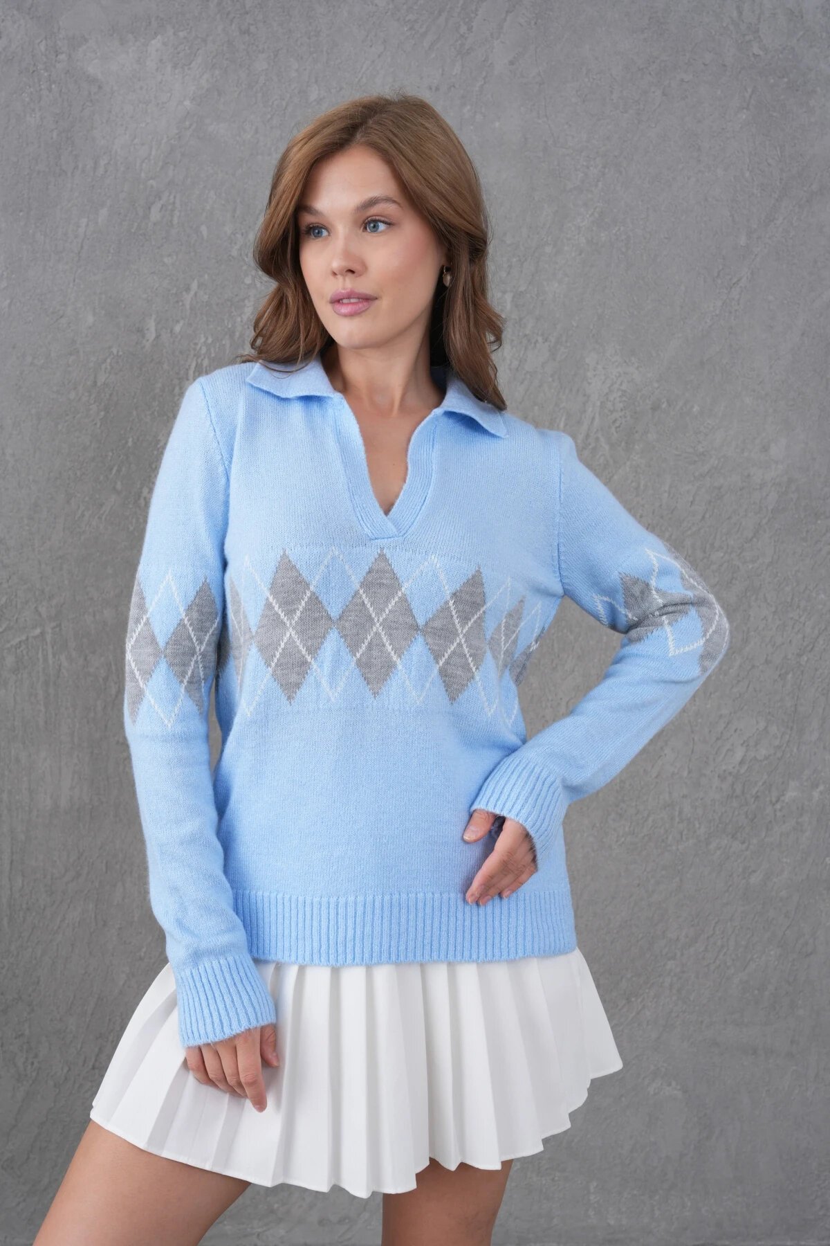 Kadın Polo Yaka Desenli Yarım Pat Triko Kazak