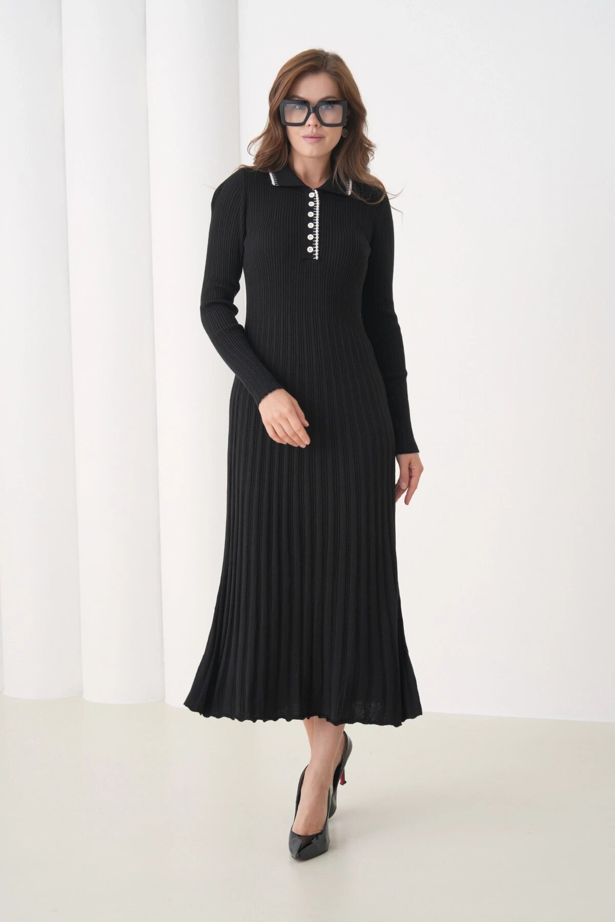 Kadın Polo Yaka Düğme Detay Kaşkorse Uzun Triko Elbise