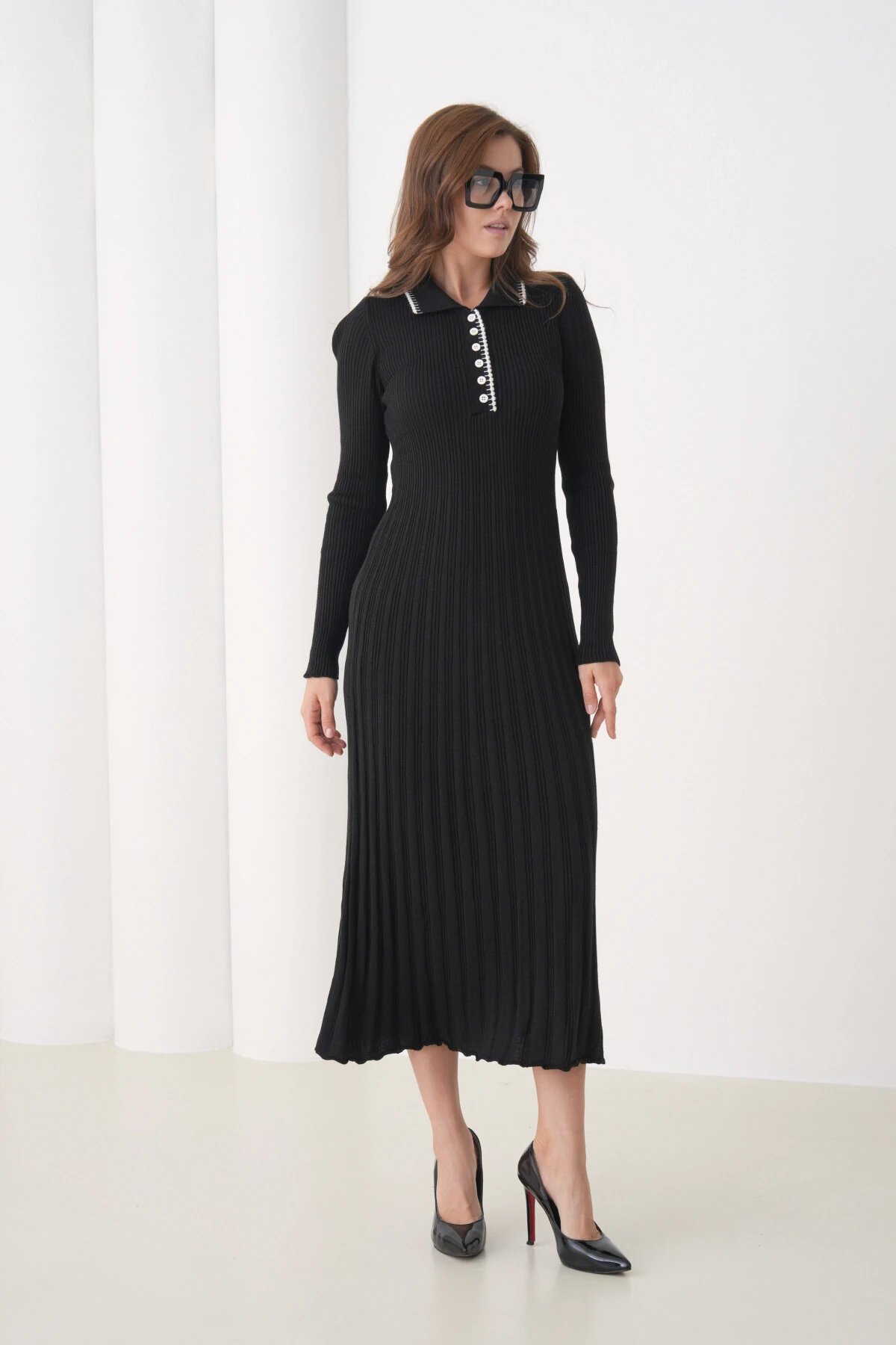 Kadın Polo Yaka Düğme Detay Kaşkorse Uzun Triko Elbise