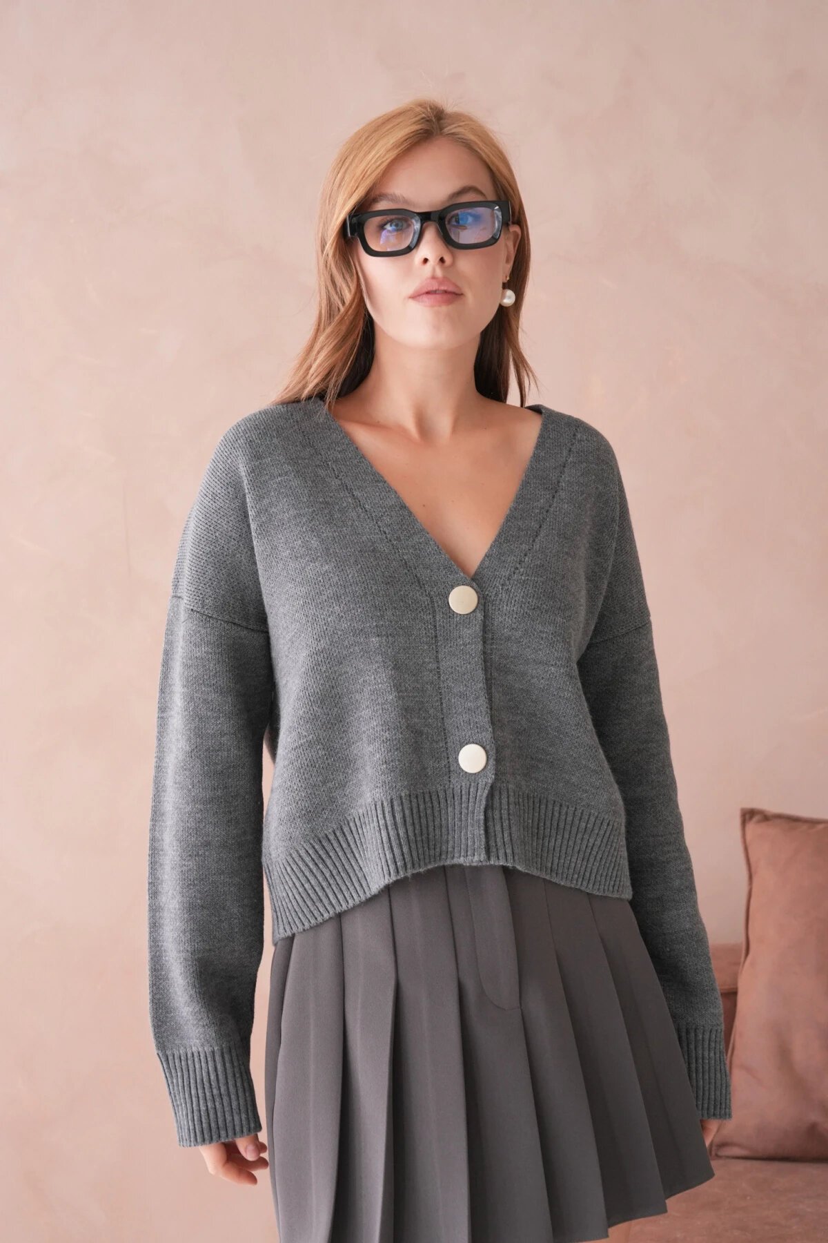 Kadın Polo Yaka Düğme Detay Oversize Triko Hırka