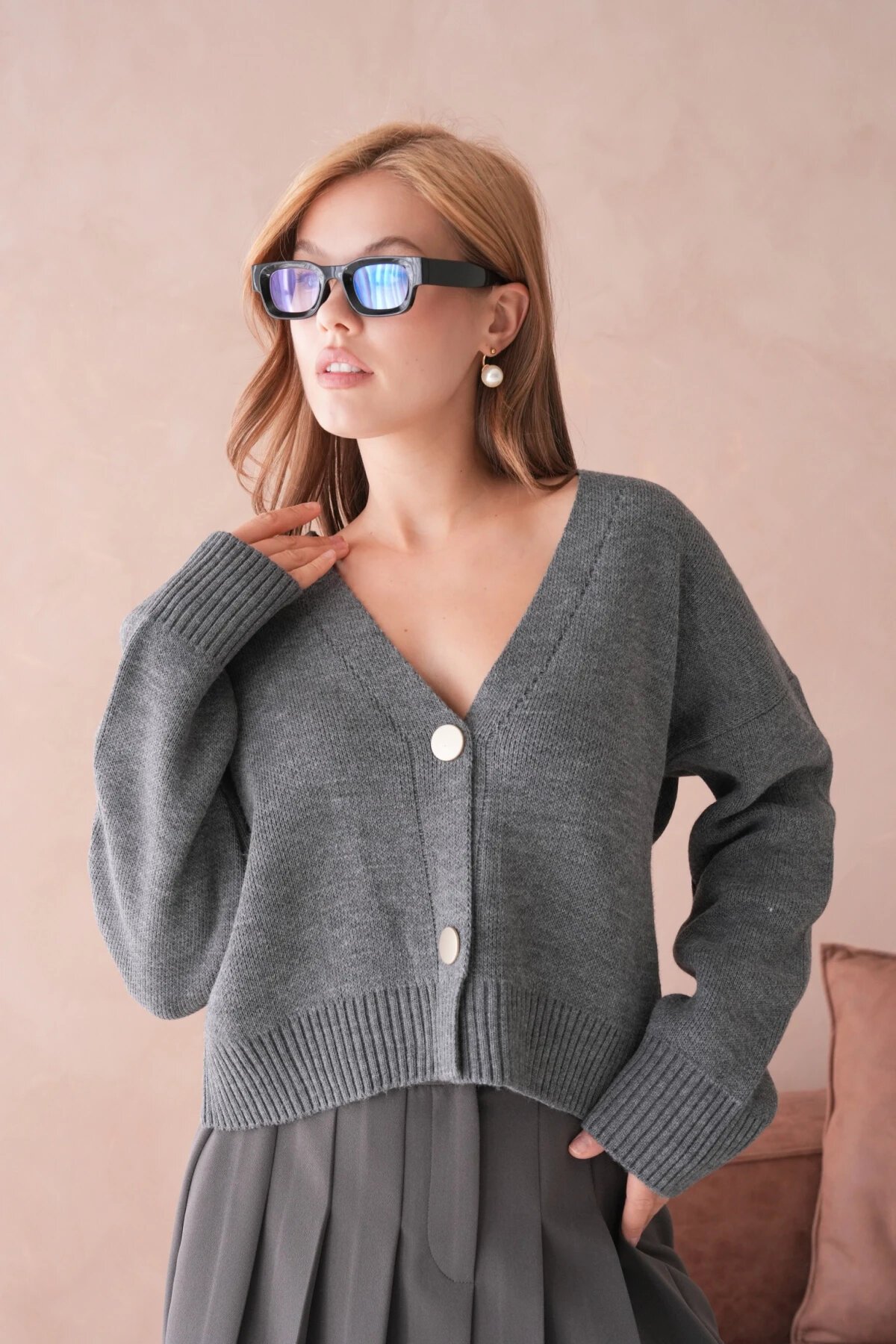 Kadın Polo Yaka Düğme Detay Oversize Triko Hırka