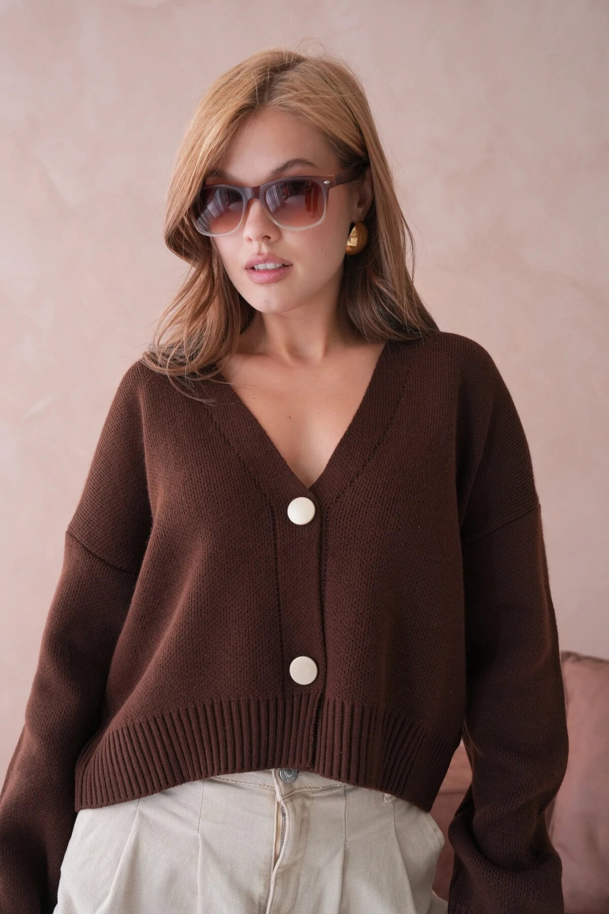 Kadın Polo Yaka Düğme Detay Oversize Triko Hırka