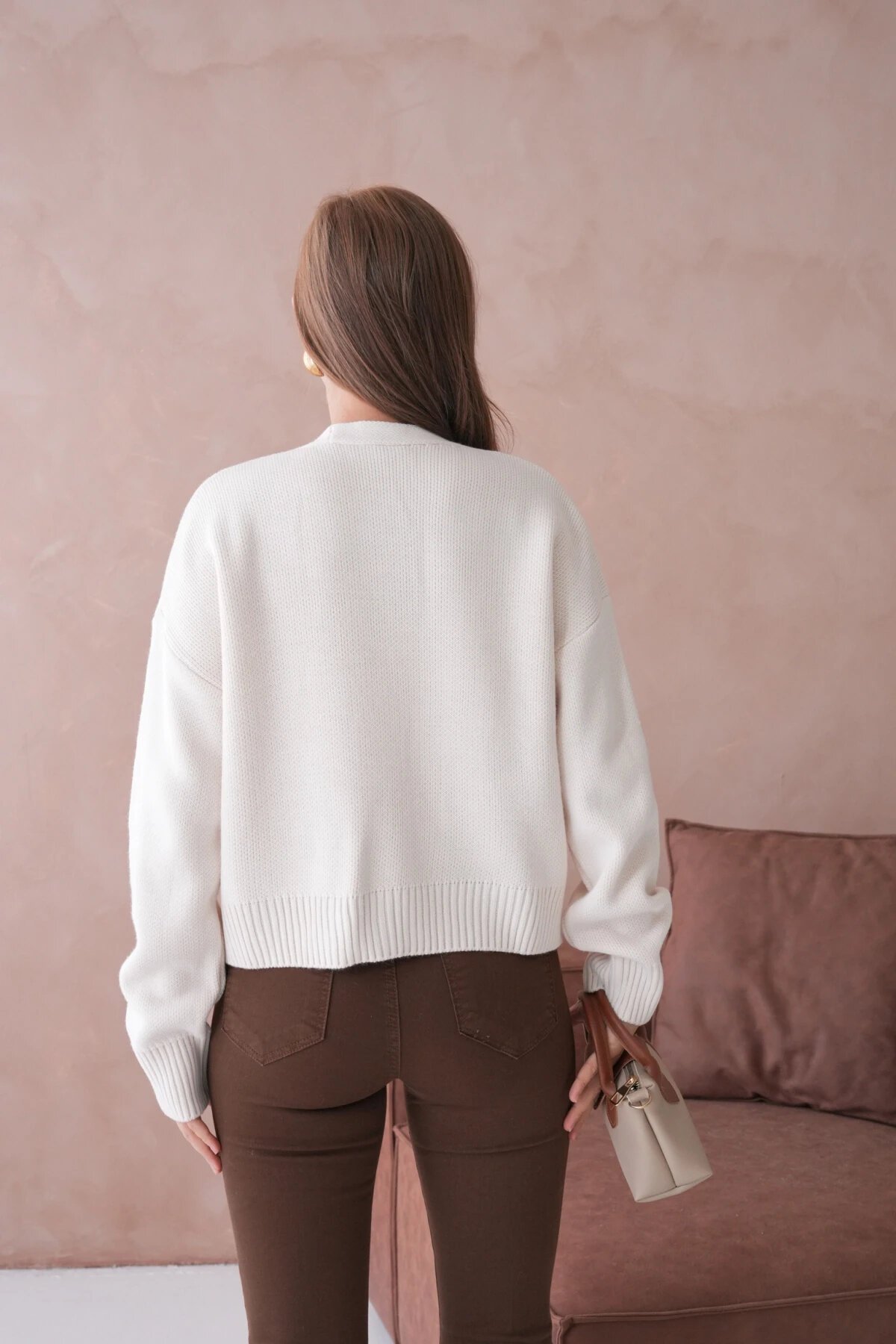 Kadın Polo Yaka Düğme Detay Oversize Triko Hırka