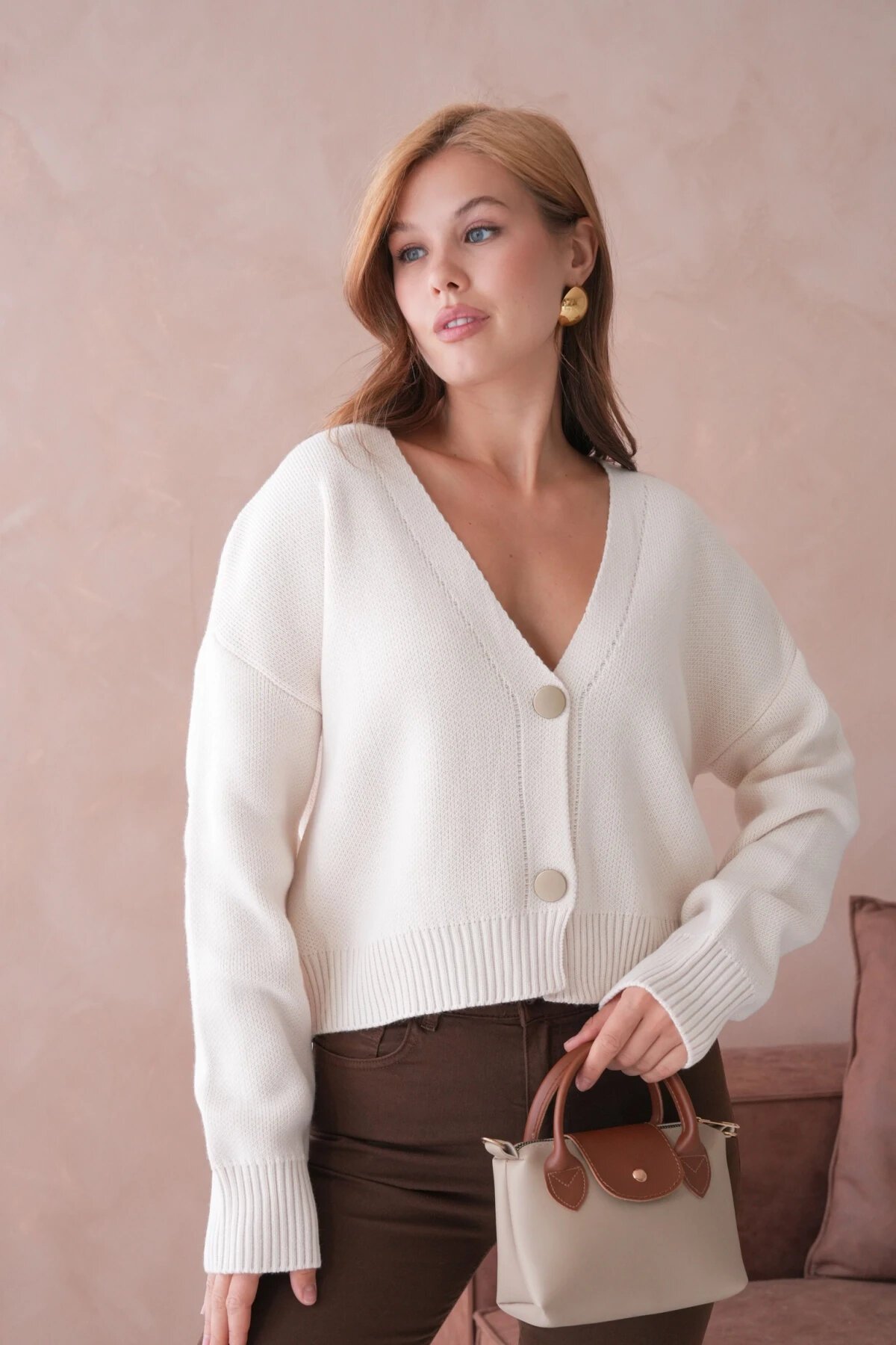 Kadın Polo Yaka Düğme Detay Oversize Triko Hırka