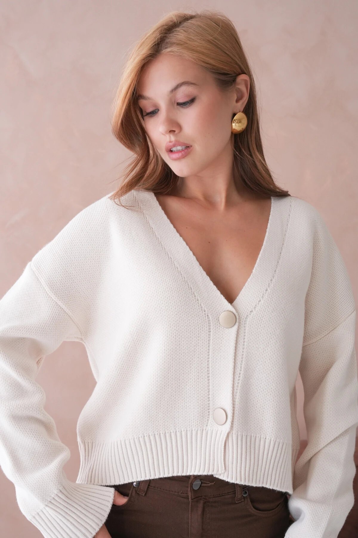 Kadın Polo Yaka Düğme Detay Oversize Triko Hırka