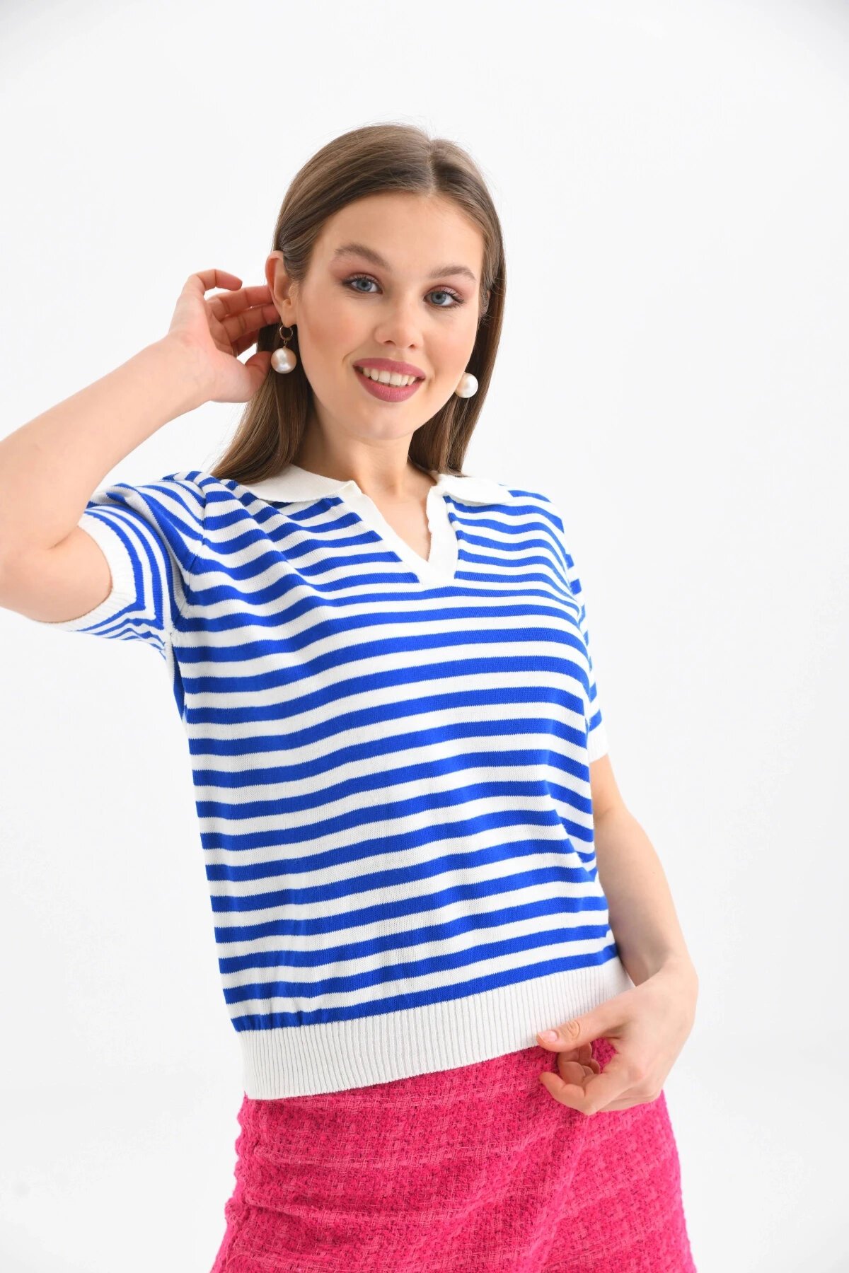 Kadın Polo Yaka Kısa Kol Çizgili Triko Kazak