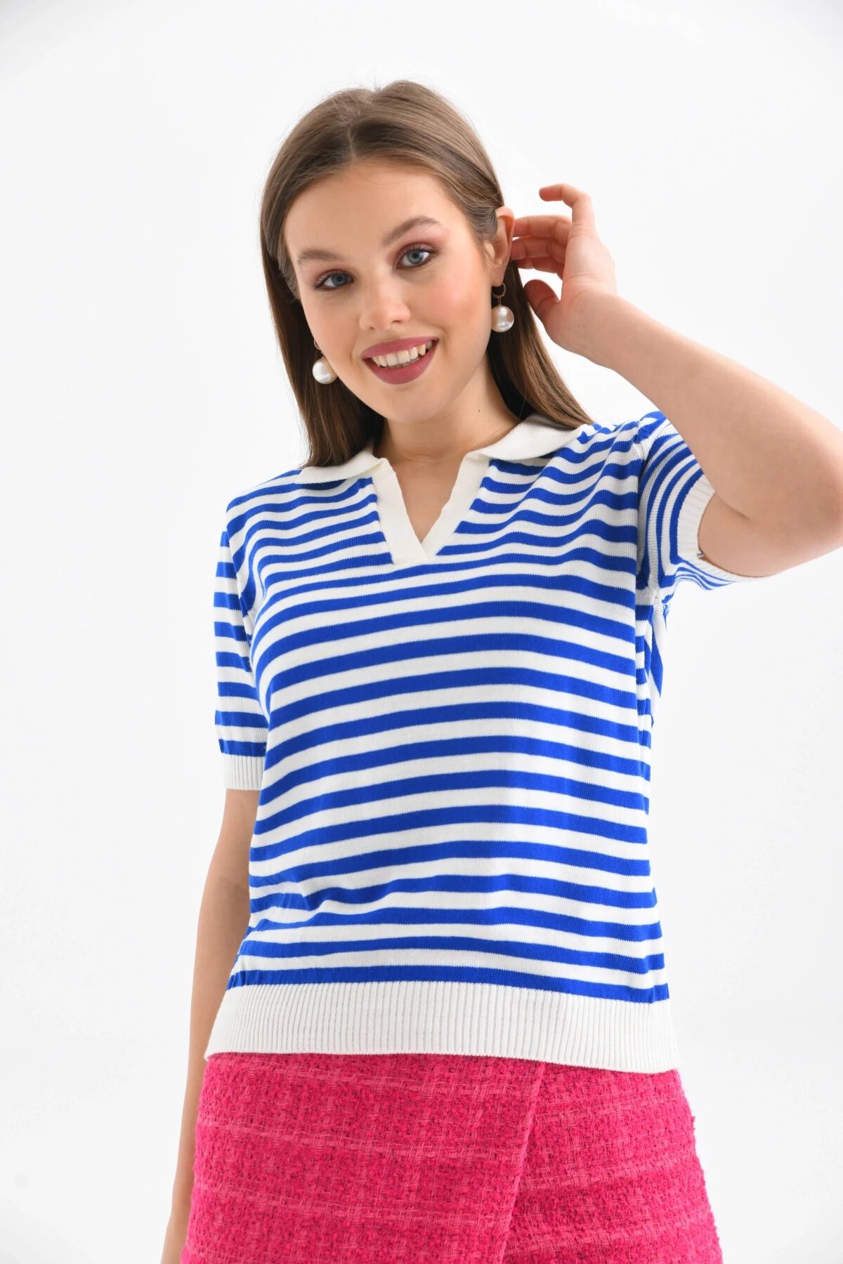 Kadın Polo Yaka Kısa Kol Çizgili Triko Kazak