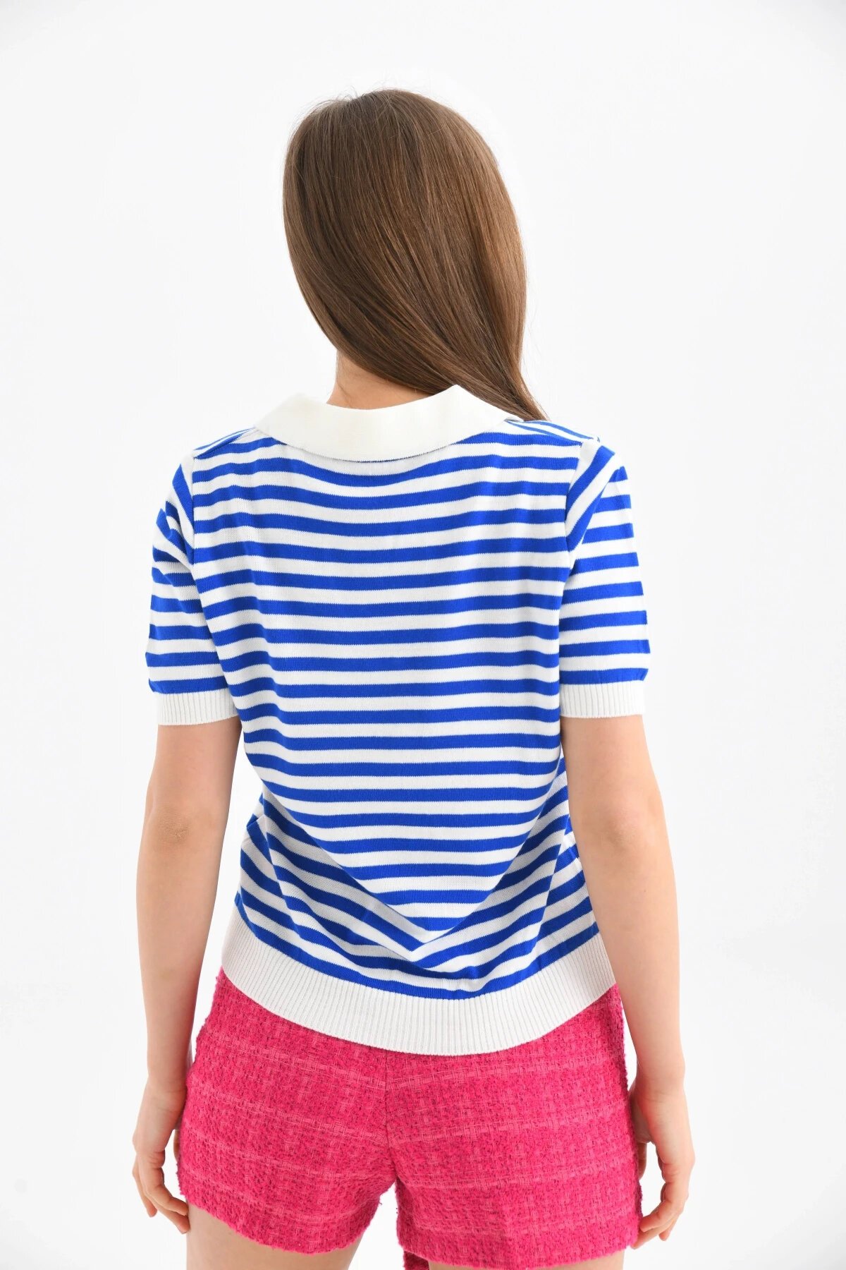 Kadın Polo Yaka Kısa Kol Çizgili Triko Kazak