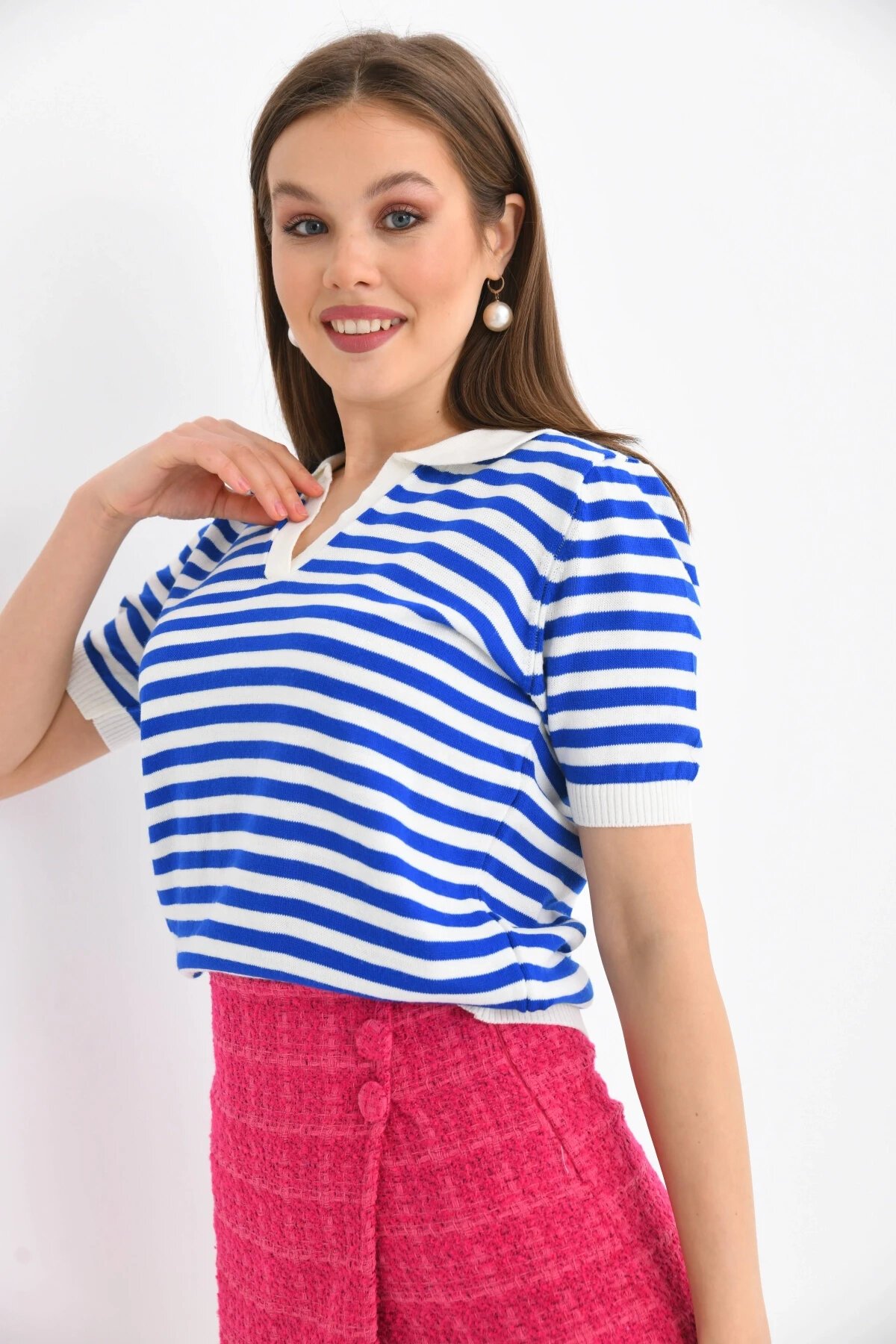 Kadın Polo Yaka Kısa Kol Çizgili Triko Kazak