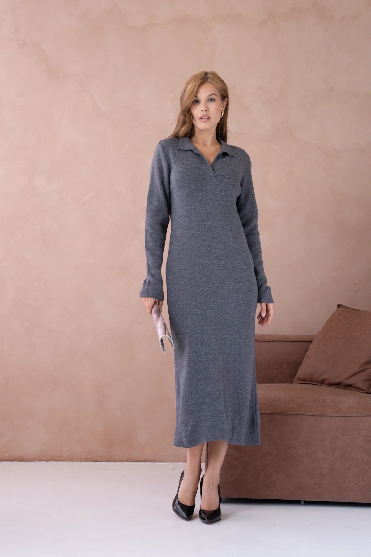 Kadın Polo Yaka Yamuşak Dokulu Maksi Boy Triko Elbise